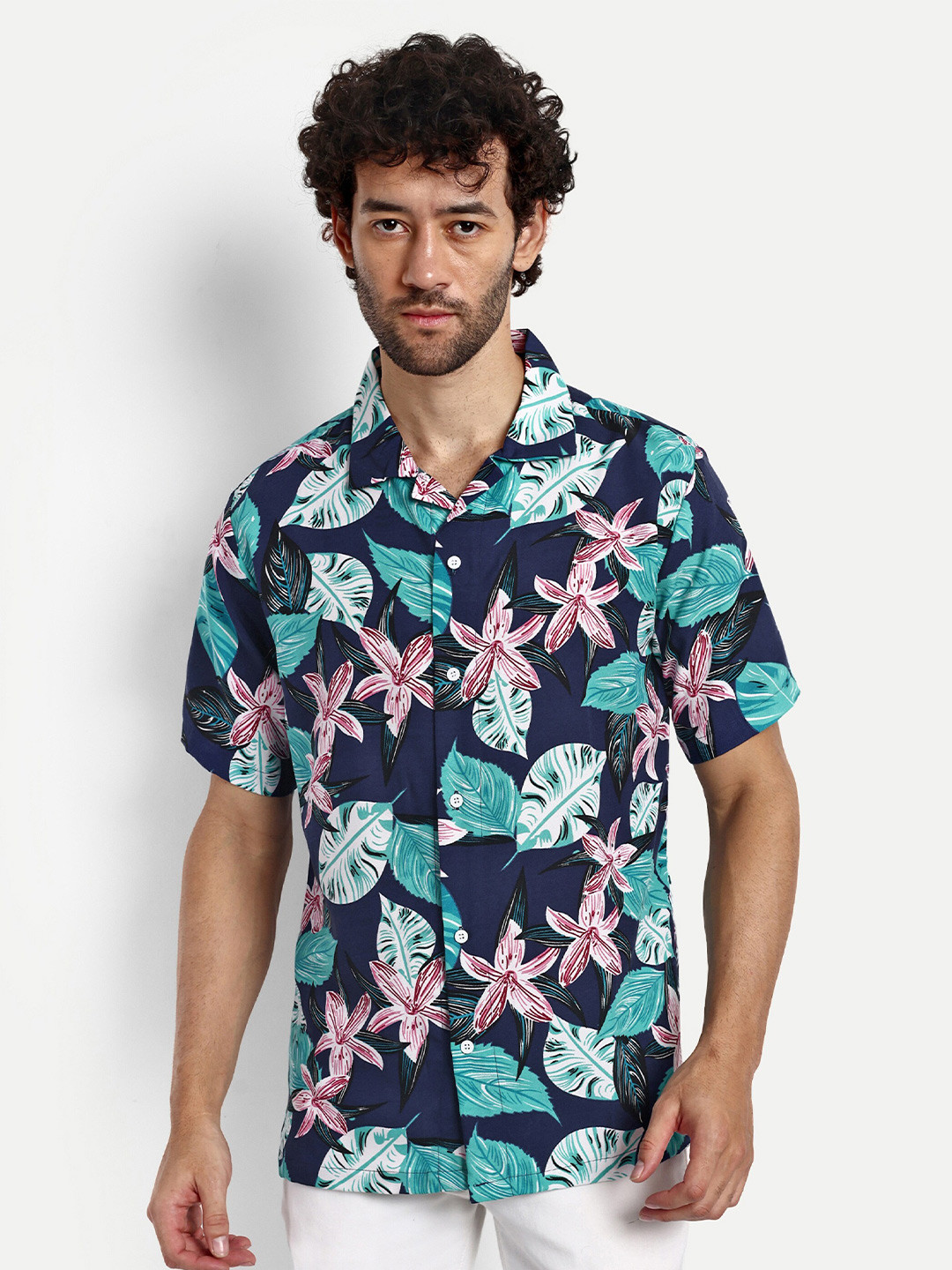 

GRECIILOOKS Relaxed Floral Printed Short Sleeves Casual Shirt, Navy blue