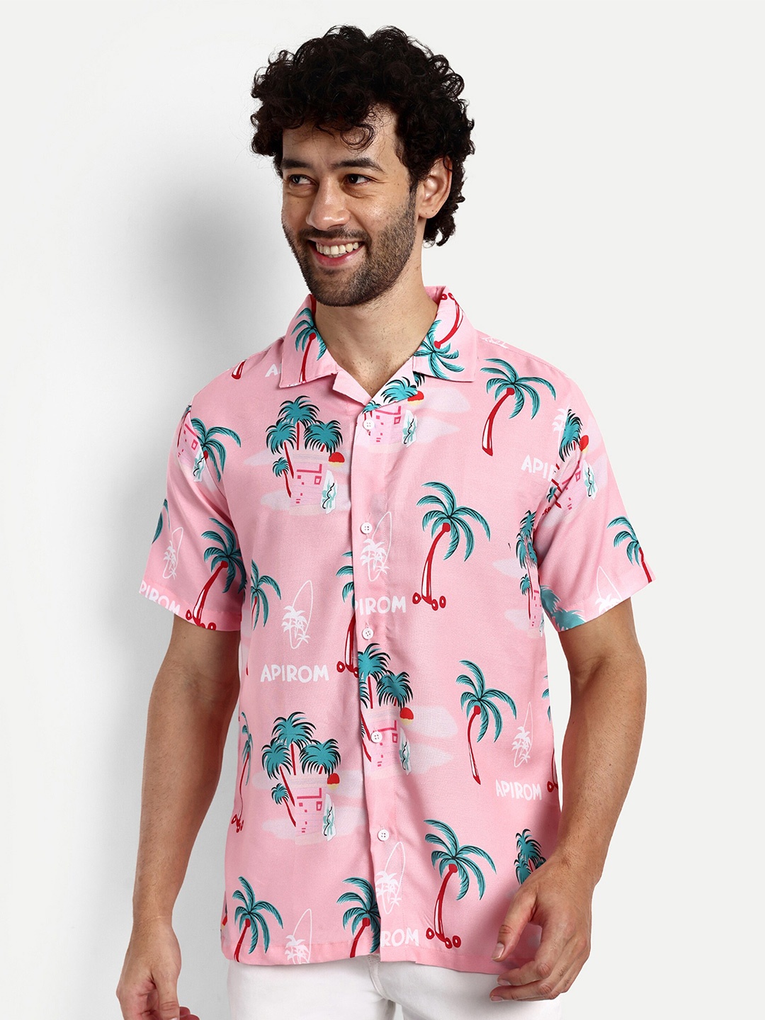 

GRECIILOOKS Relaxed Tropical Printed Cuban Collar Casual Shirt, Pink