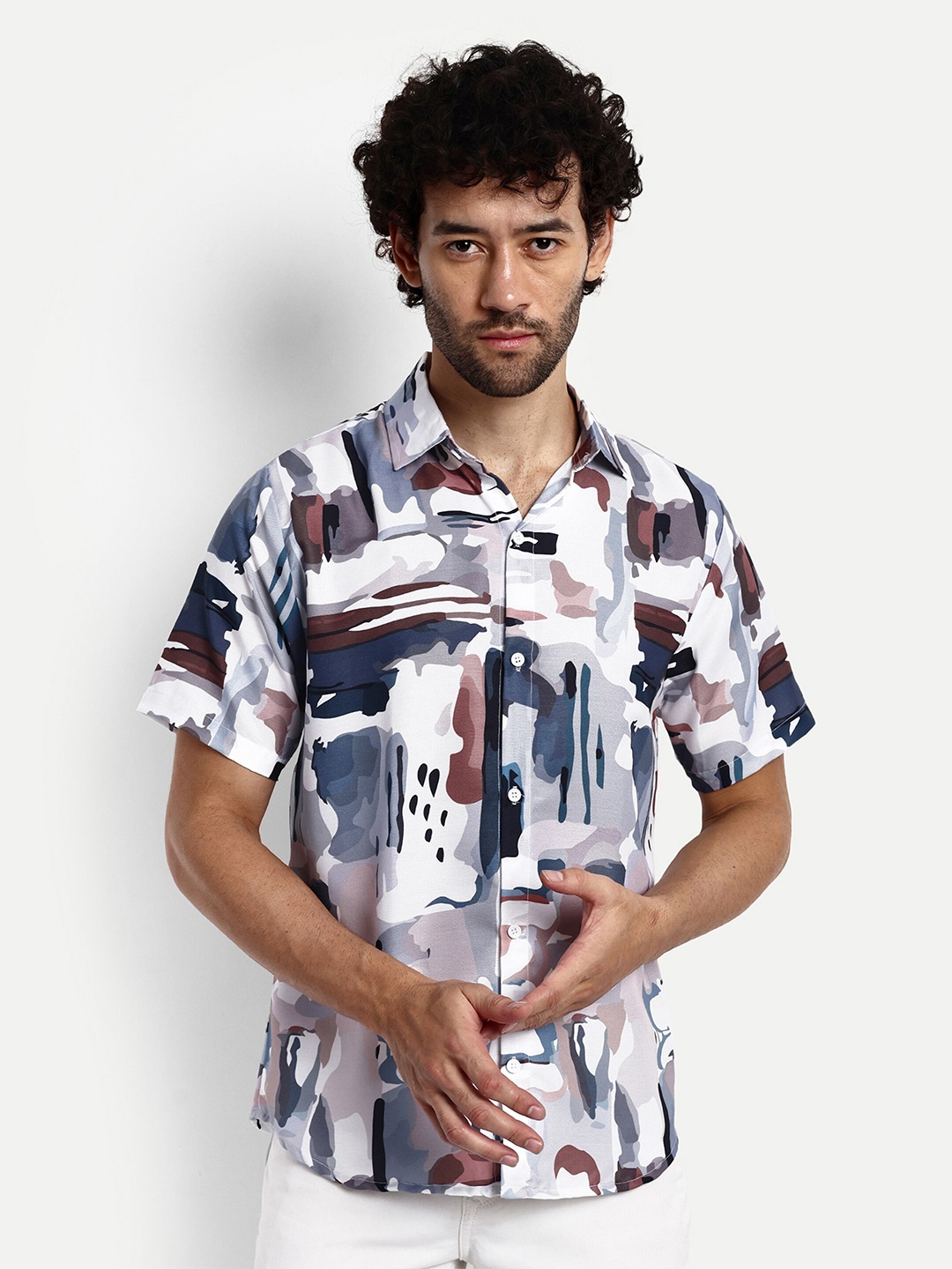 

GRECIILOOKS Relaxed Abstract Printed Short Sleeves Casual Shirt, Grey