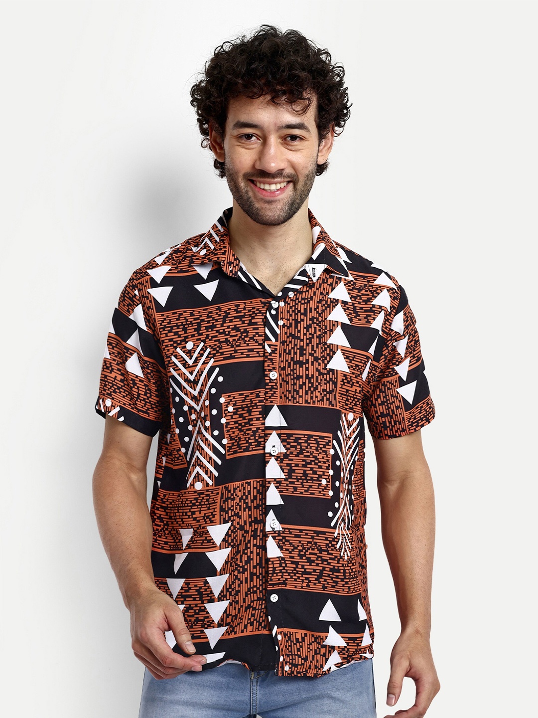 

GRECIILOOKS Relaxed Geometric Printed Casual Shirt, Brown