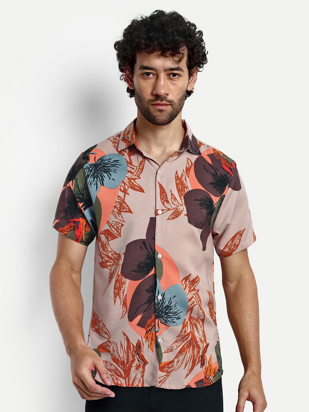 

GRECIILOOKS Relaxed Floral Printed Spread Collar Casual Shirt, Beige