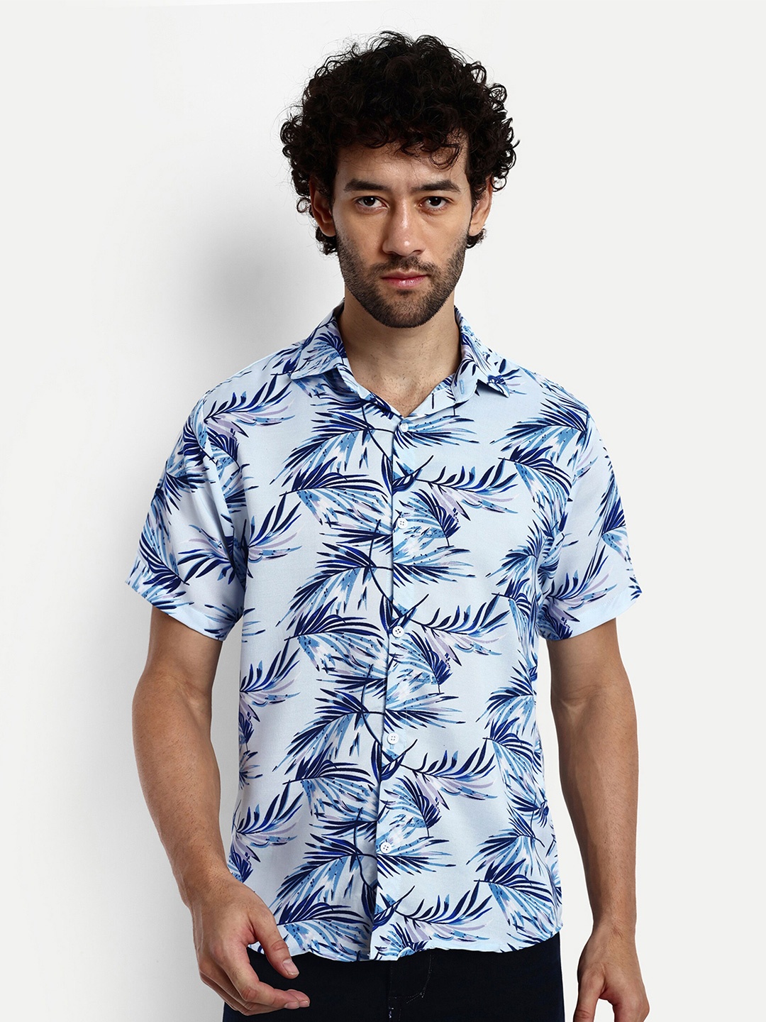 

GRECIILOOKS Relaxed Floral Printed Spread Collar Casual Shirt, Blue