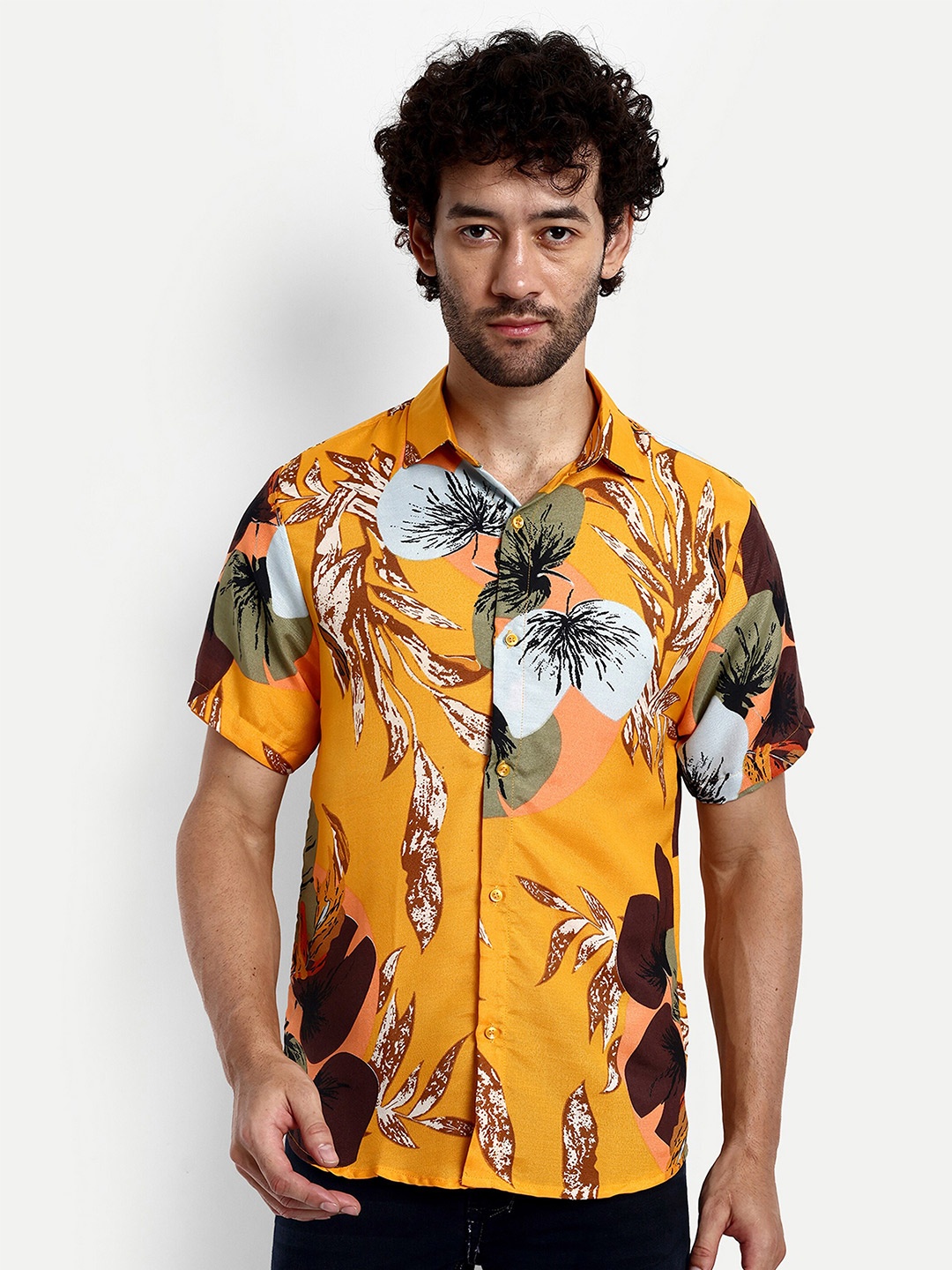 

GRECIILOOKS Relaxed Floral Printed Spread Collar Casual Shirt, Mustard