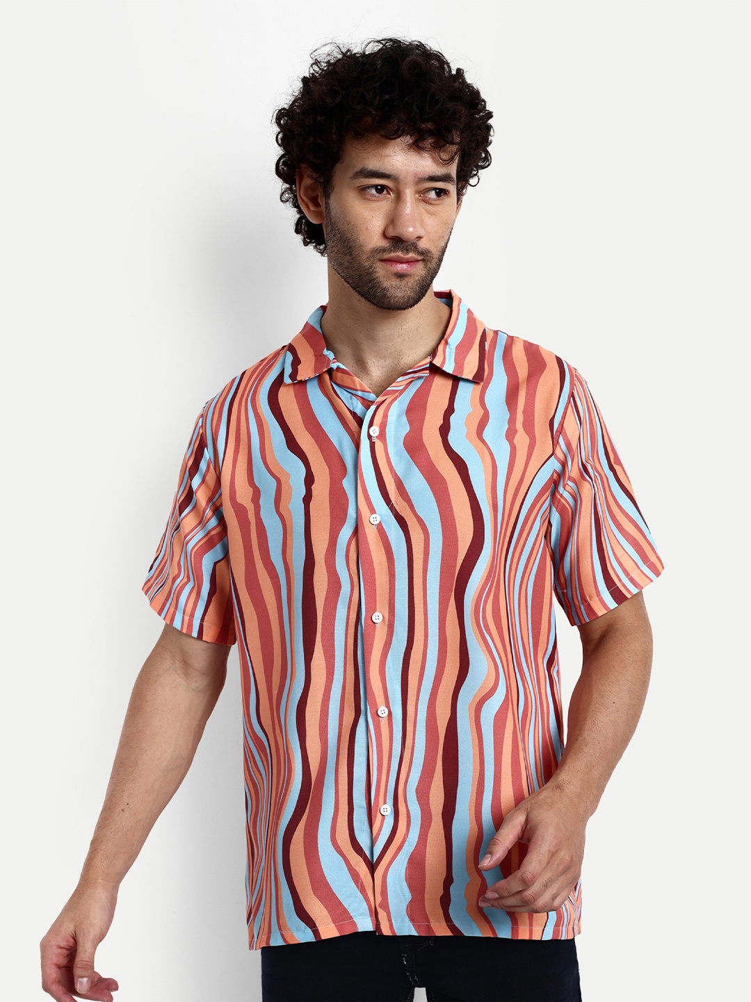 

GRECIILOOKS Relaxed Multi Striped Spread Collar Casual Shirt, Peach