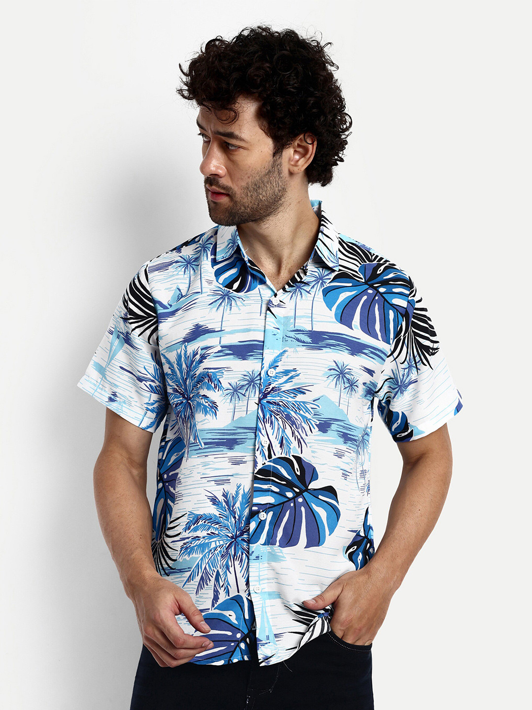 

GRECIILOOKS Relaxed Floral Printed Spread Collar Casual Shirt, White
