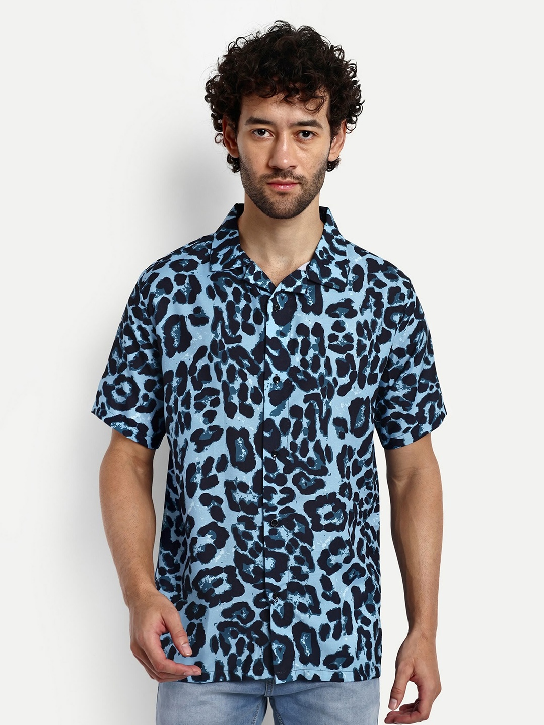 

GRECIILOOKS Relaxed Abstract Printed Spread Collar Casual Shirt, Blue