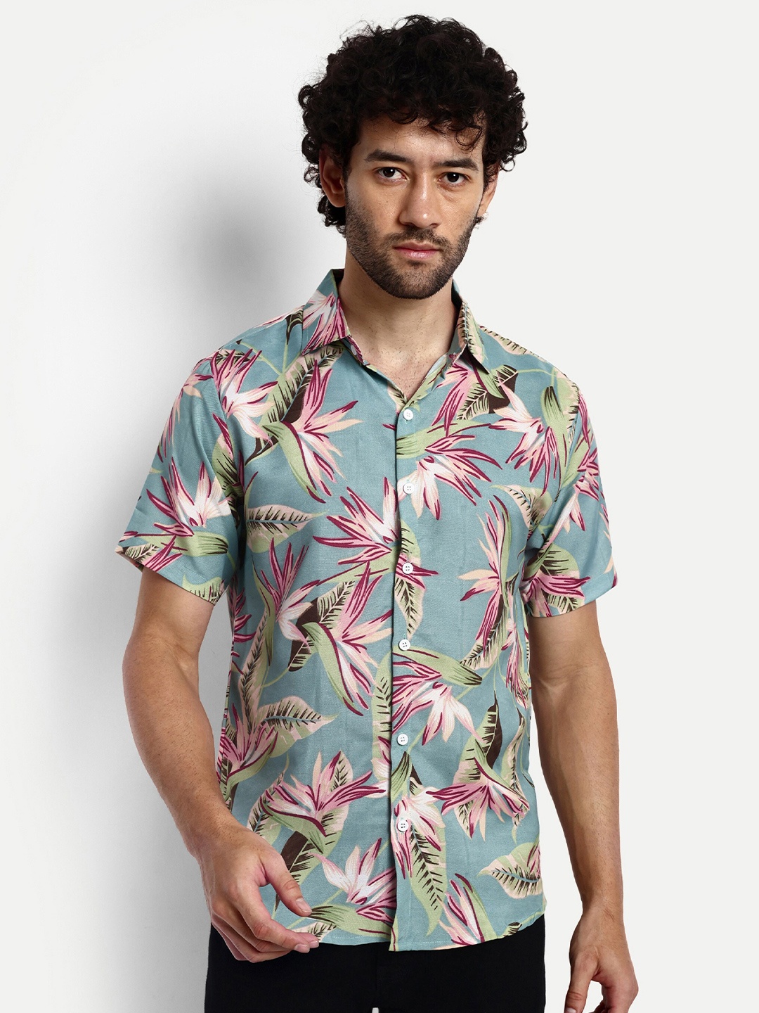 

GRECIILOOKS Relaxed Tropical Printed Casual Shirt, Sea green