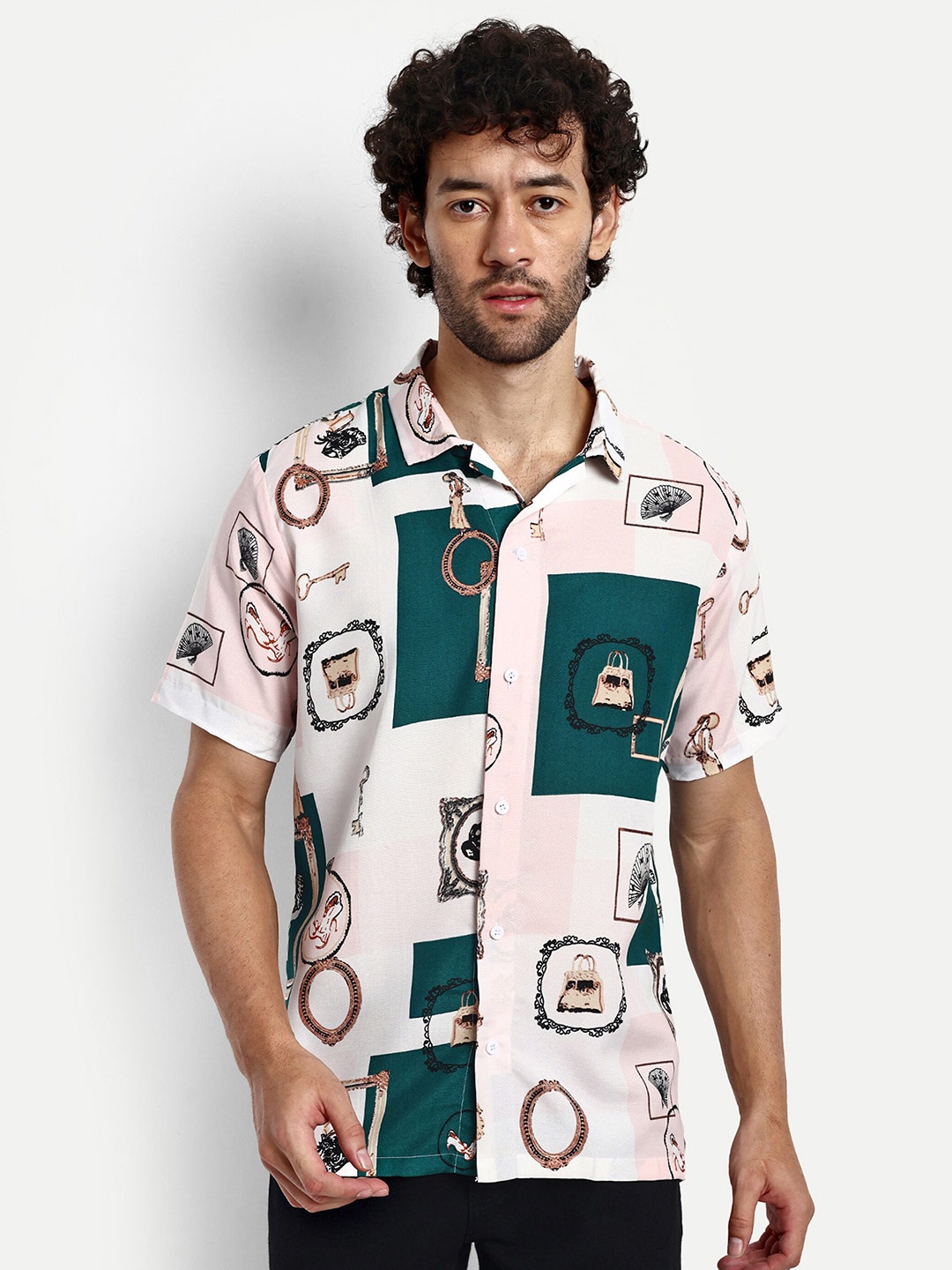 

GRECIILOOKS Relaxed Conversational Printed Cuban Collar Casual Shirt, Off white