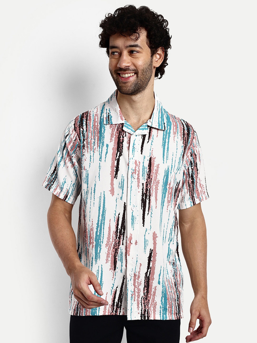 

GRECIILOOKS Relaxed Cuban Collar Abstract Printed Casual Shirt, White