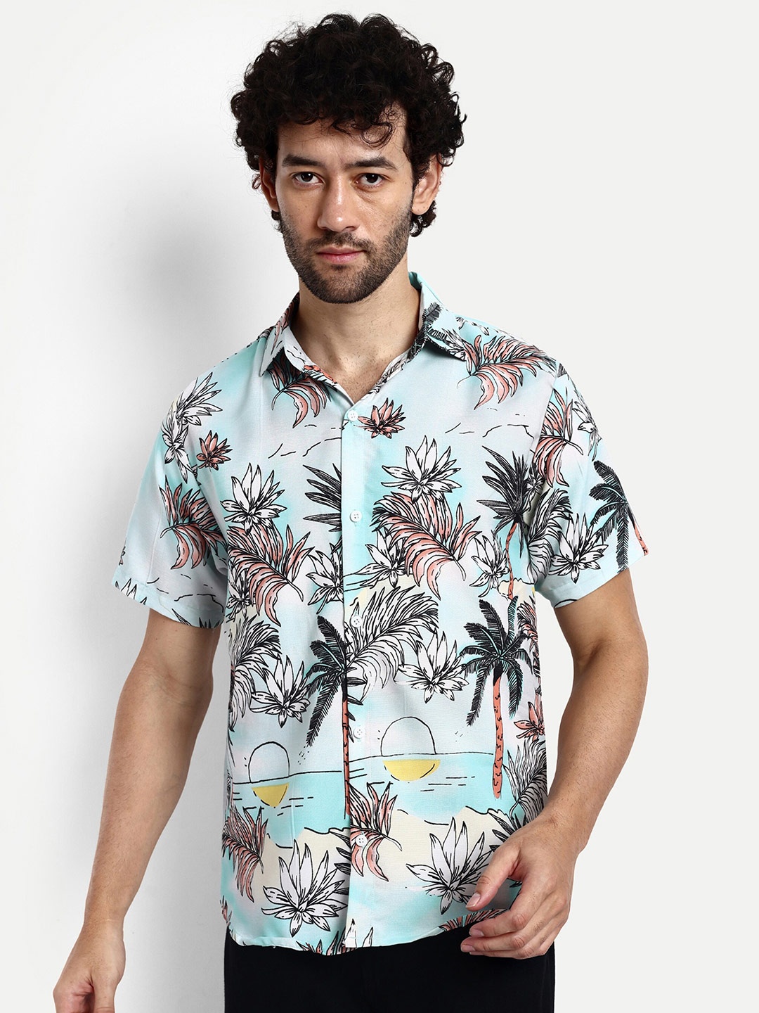 

GRECIILOOKS Relaxed Spread Collar Tropical Printed Casual Shirt, Blue