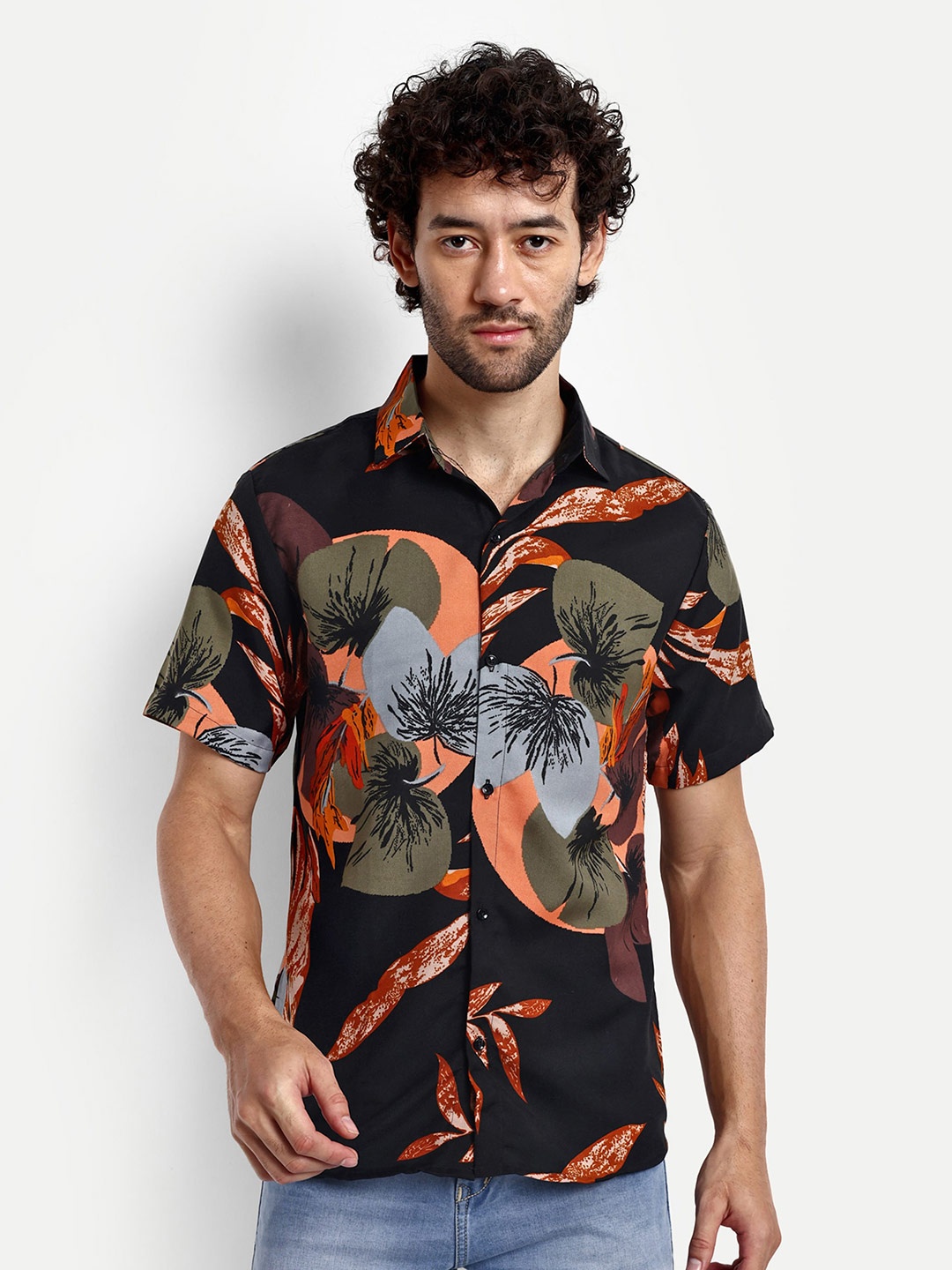 

GRECIILOOKS Relaxed Floral Printed Spread Collar Casual Shirt, Orange