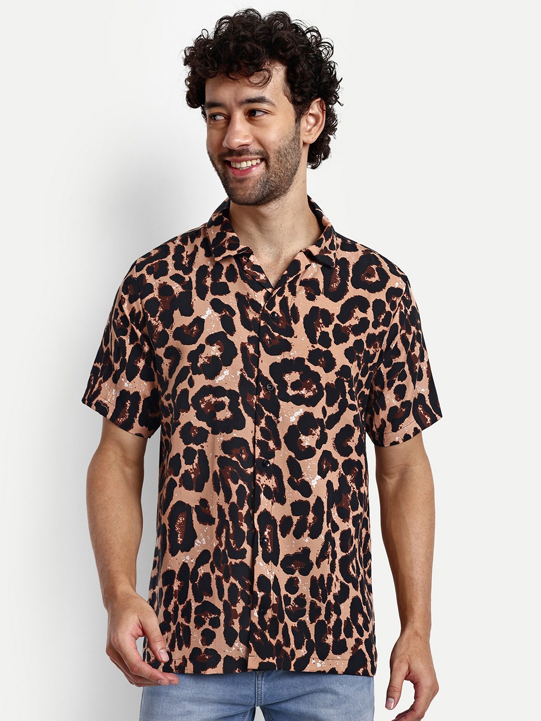 

GRECIILOOKS Relaxed Animal Printed Cuban Collar Casual Shirt, Brown