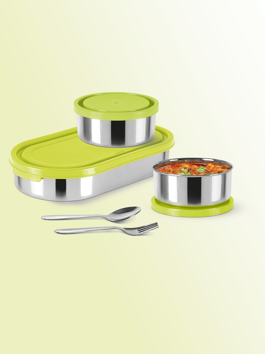 

Milton Cubite Stainless Steel Tiffin 3 Containers With Jacket Spoon & Fork, Green