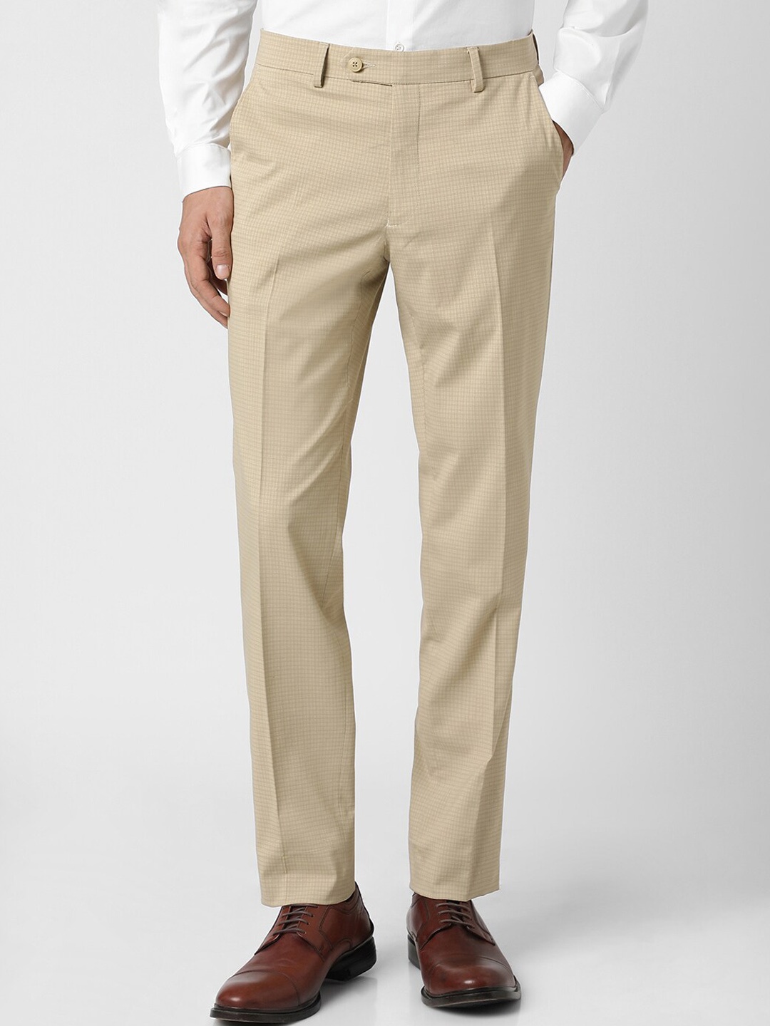 

Van Heusen Men Checked Slim Fit Formal Trousers, Beige