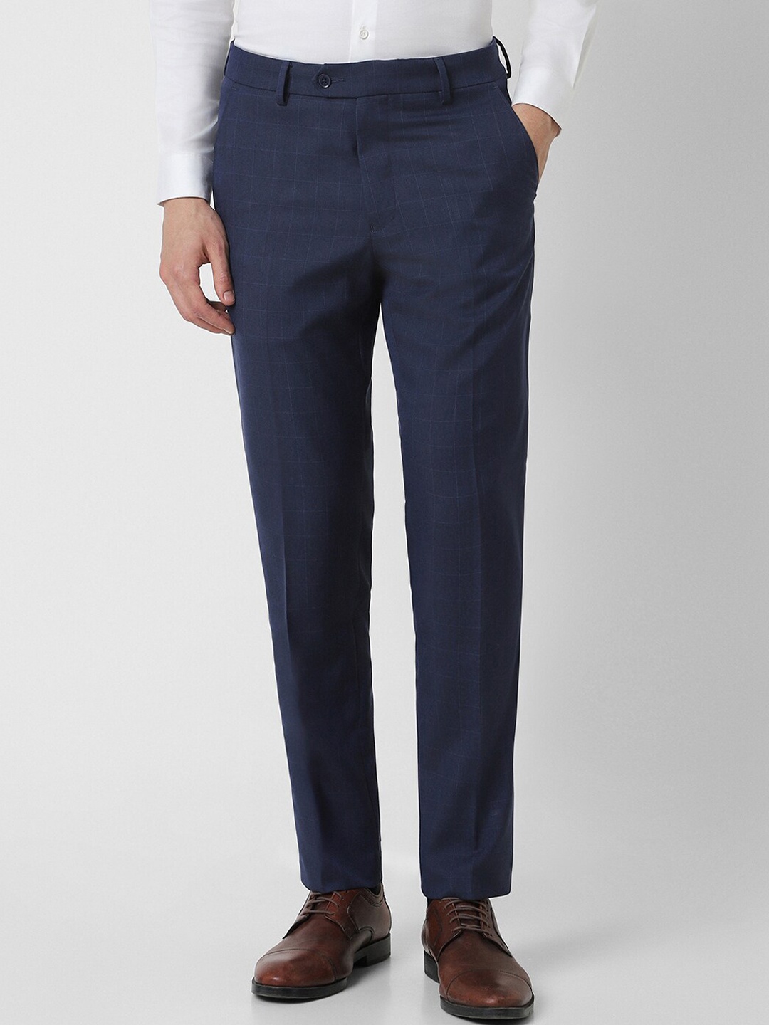 

Van Heusen Men Navy Blue Checked Slim Fit Formal Trousers