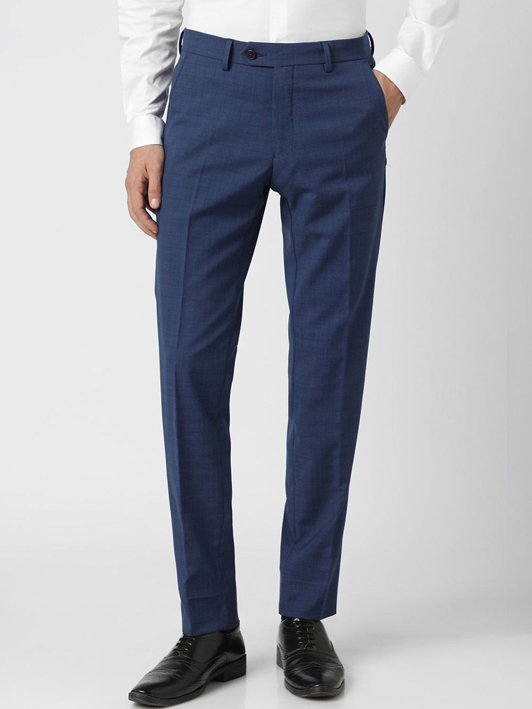 

Van Heusen Men Checked Slim Fit Formal Trousers, Blue