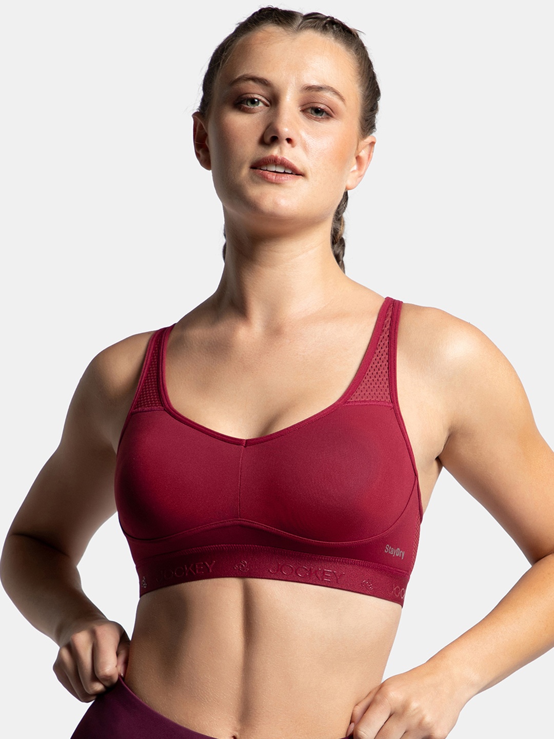 

Jockey Wirefree Padded Tactel Nylon Full Coverage Sports Bra with Cross Back Styling-AP21, Maroon