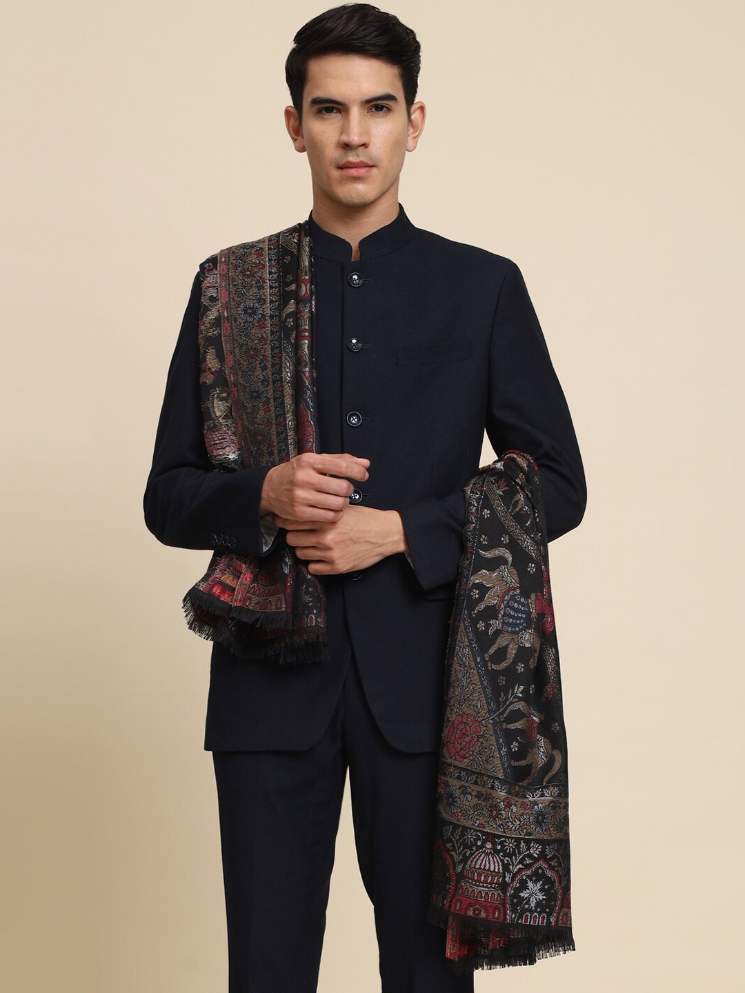 

Zamour Ethnic Motifs Woven Design Pure Wool Shawl, Black