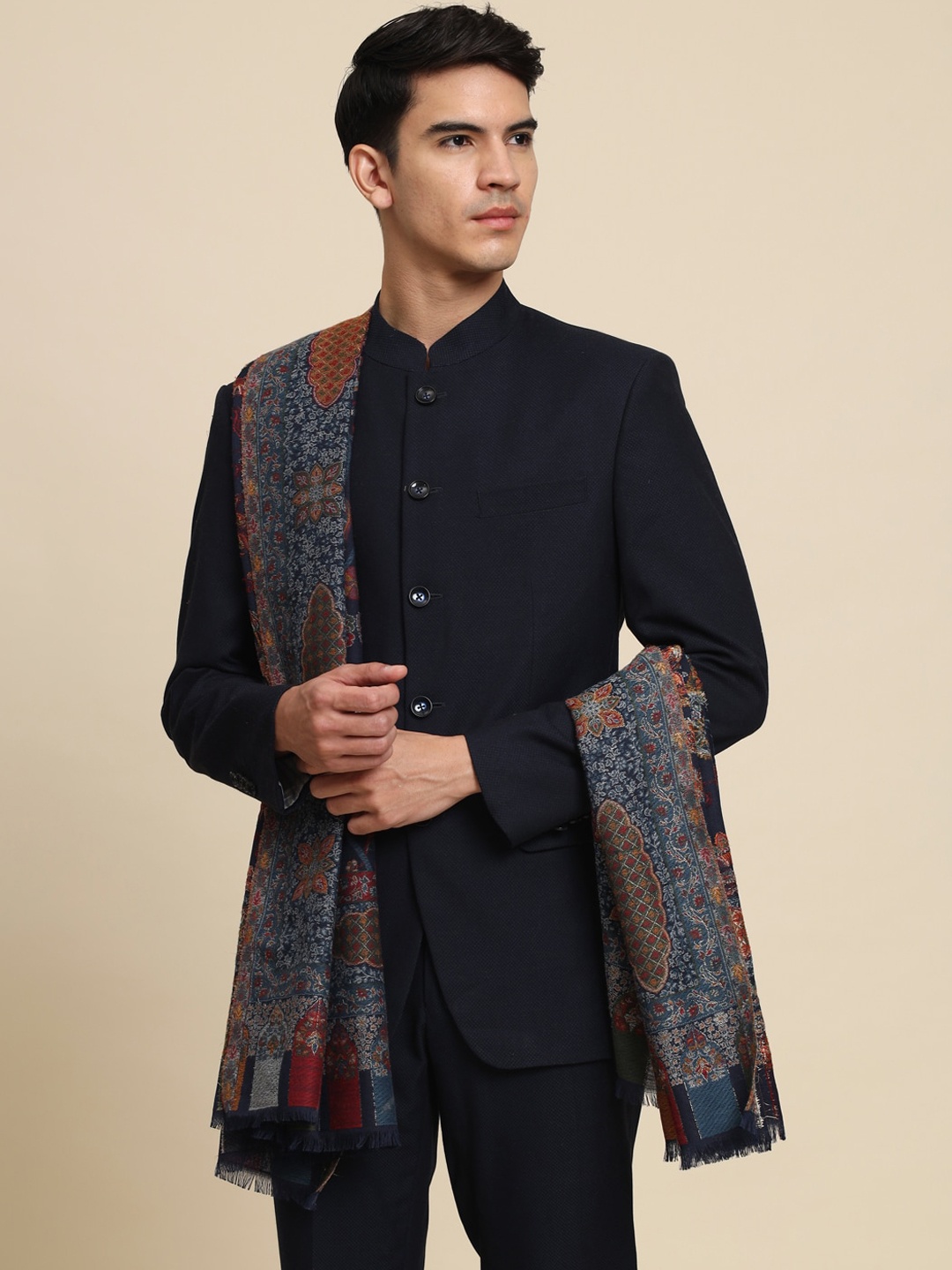

Zamour Ethnic Motifs Woven Design Pure Wool Shawl, Blue