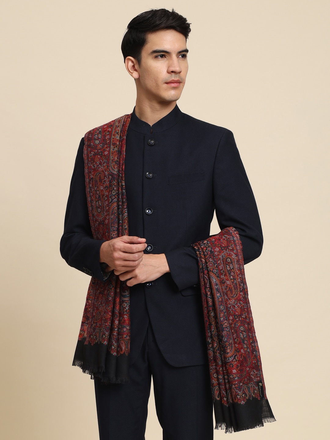 

Zamour Ethnic Motifs Woven Design Pure Wool Shawl, Black