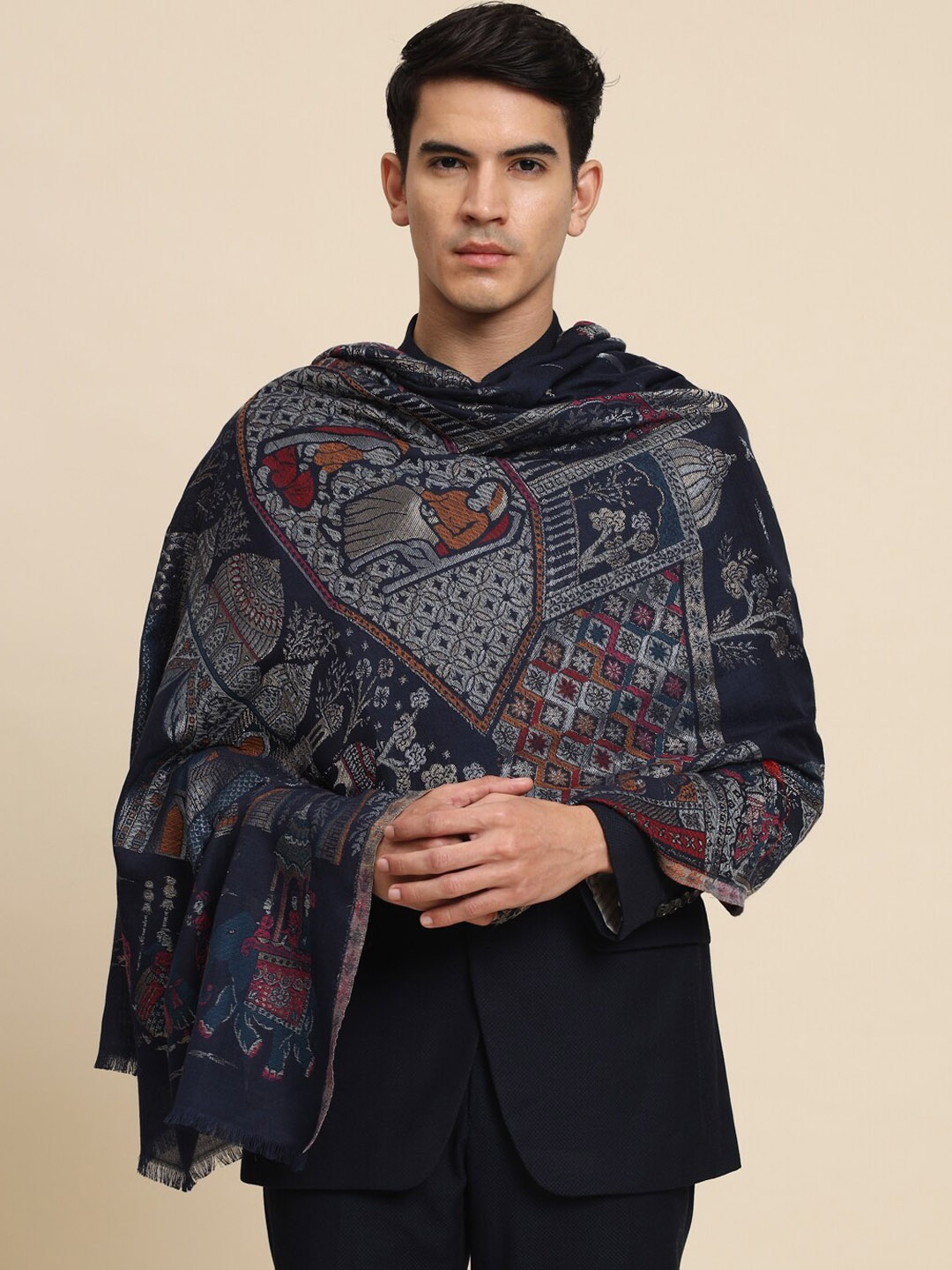 

Zamour Ethnic Motifs Woven Design Pure Woollen Shawl, Navy blue