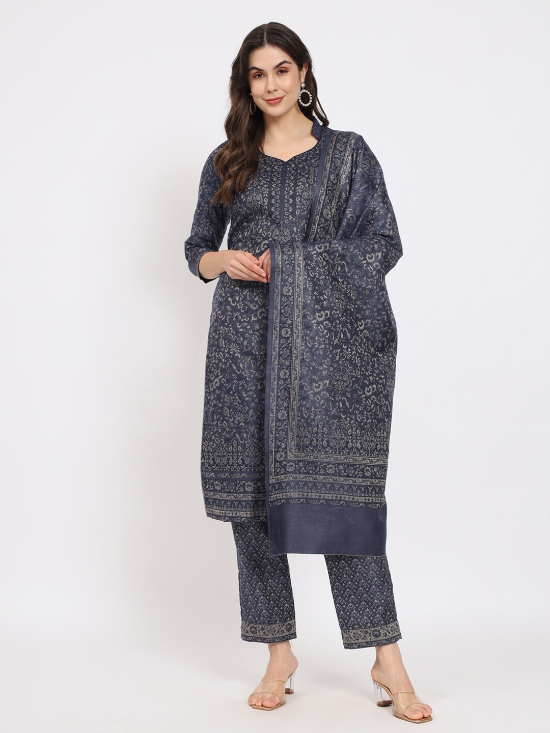 

Zamour Ethnic Motif Woven Design Unstitched Dress Material, Navy blue