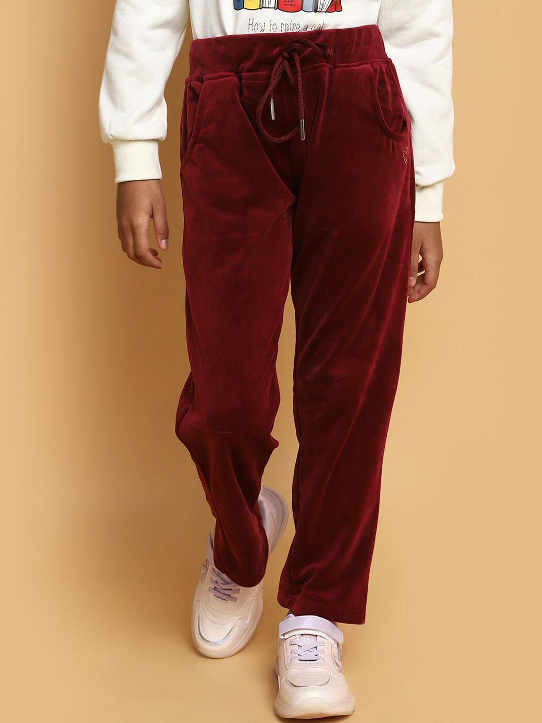 

V-Mart Girls Mid-Rise Velvet Track Pants, Maroon