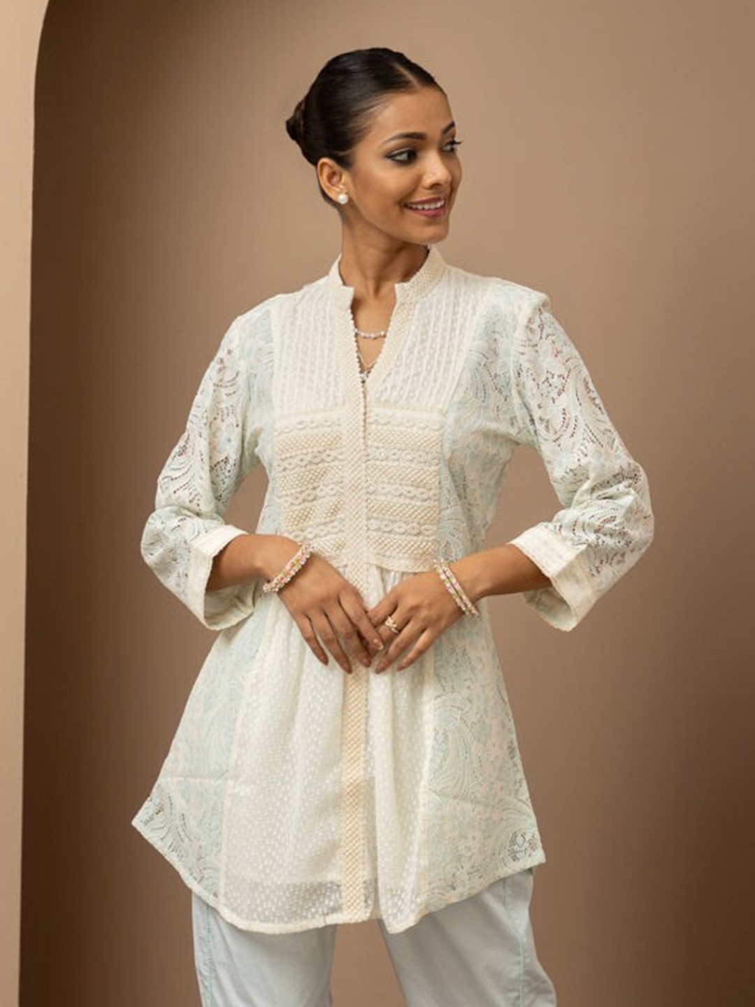 

Lakshita Floral Woven Design Panelled Kurti, Cream