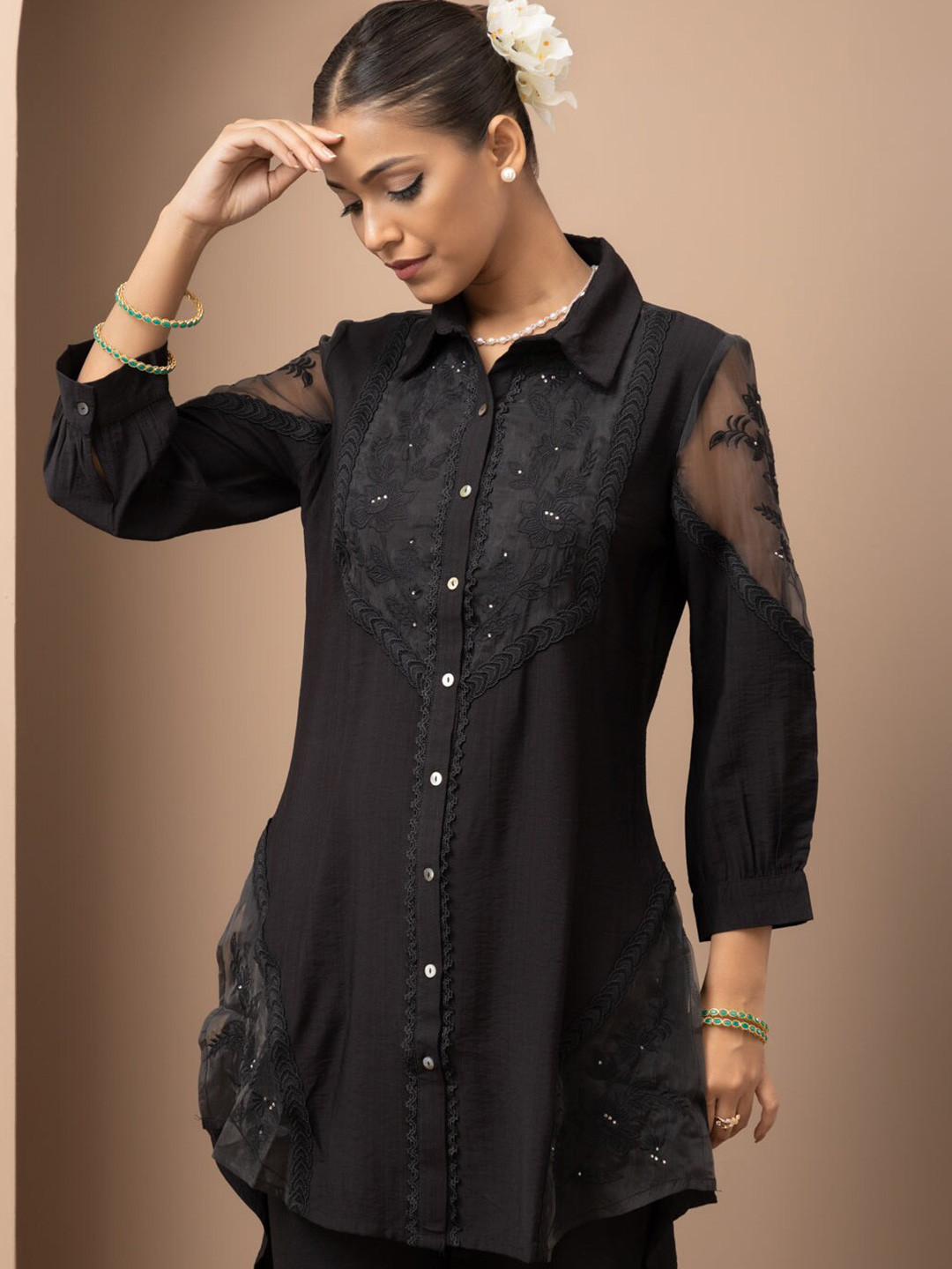 

Lakshita Floral Embroidered Embellished Shirt Collar Tunic, Black