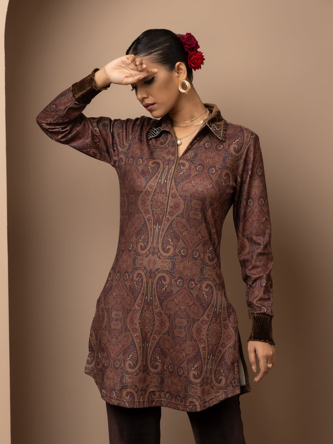 

Lakshita Ethnic Motifs Printed Shirt Collar Kurti, Maroon