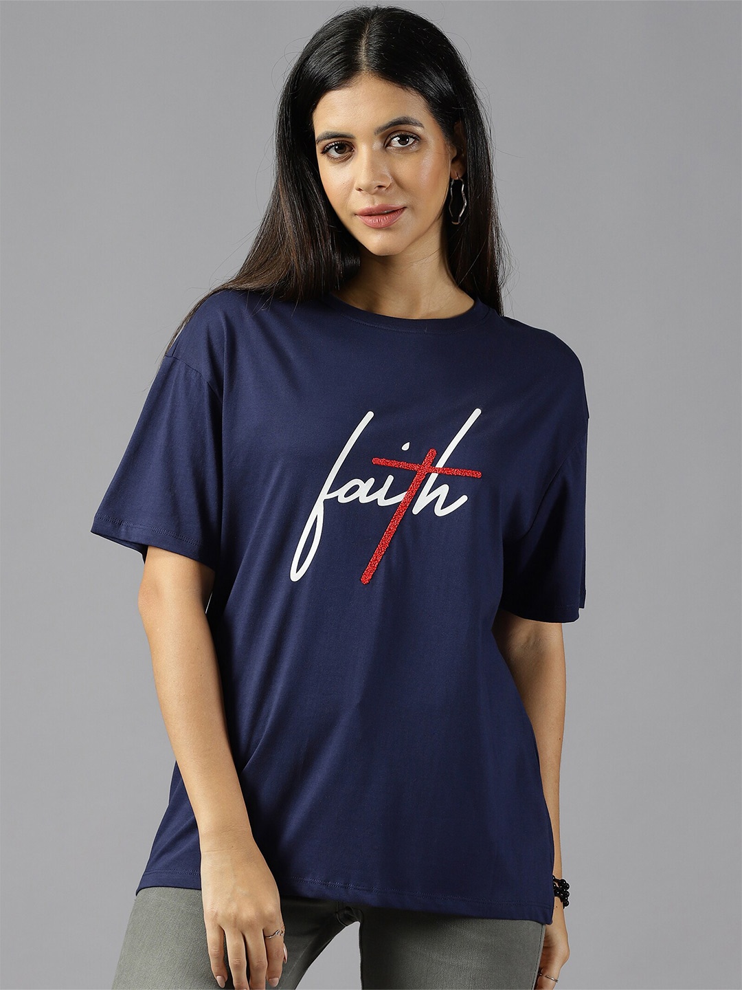 

The Roadster Lifestyle Co. Blue Printed Pure Cotton Oversized T-Shirt