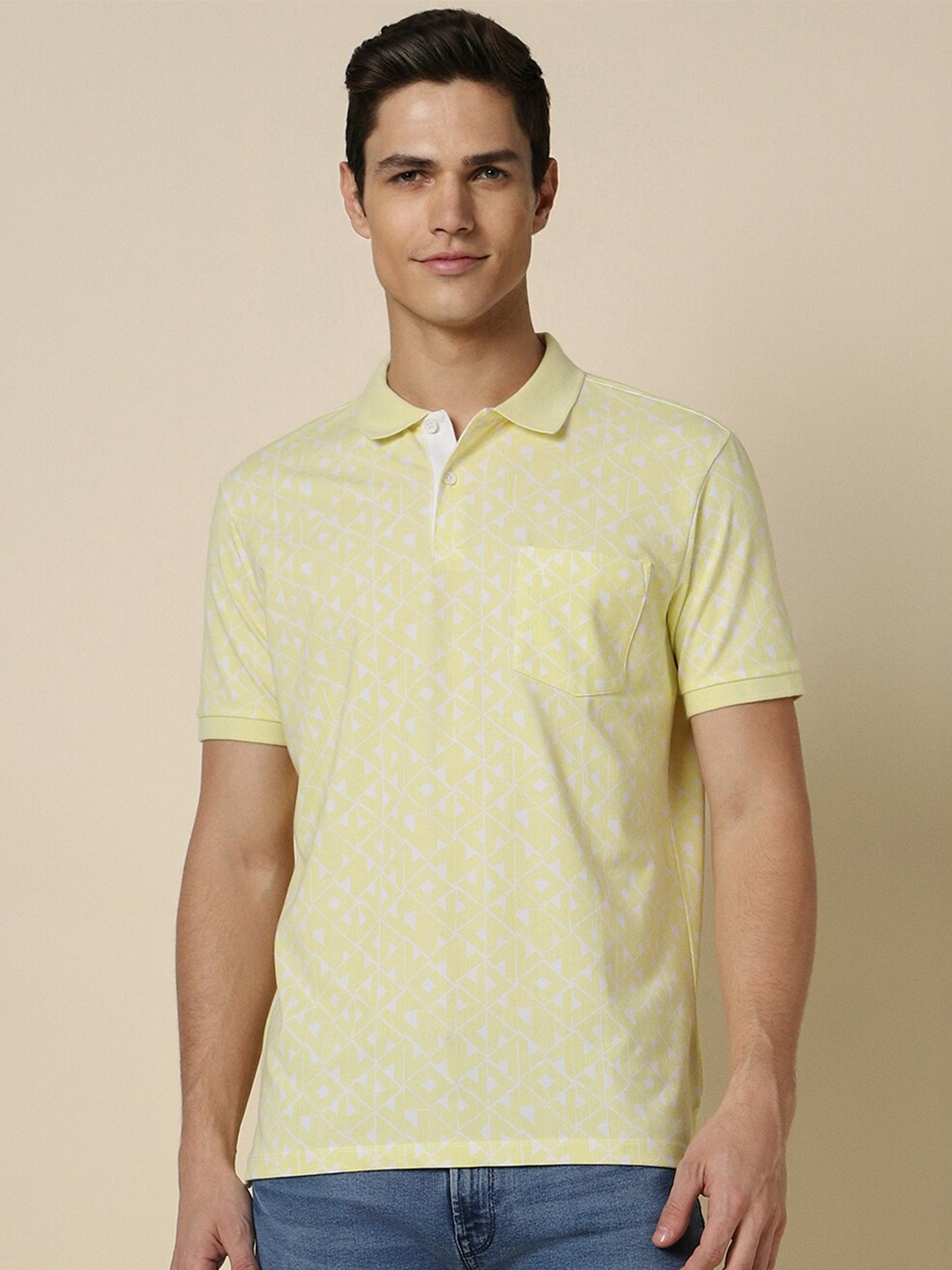 

Allen Solly Geometric Printed Polo Collar Pure Cotton T-shirt, Yellow