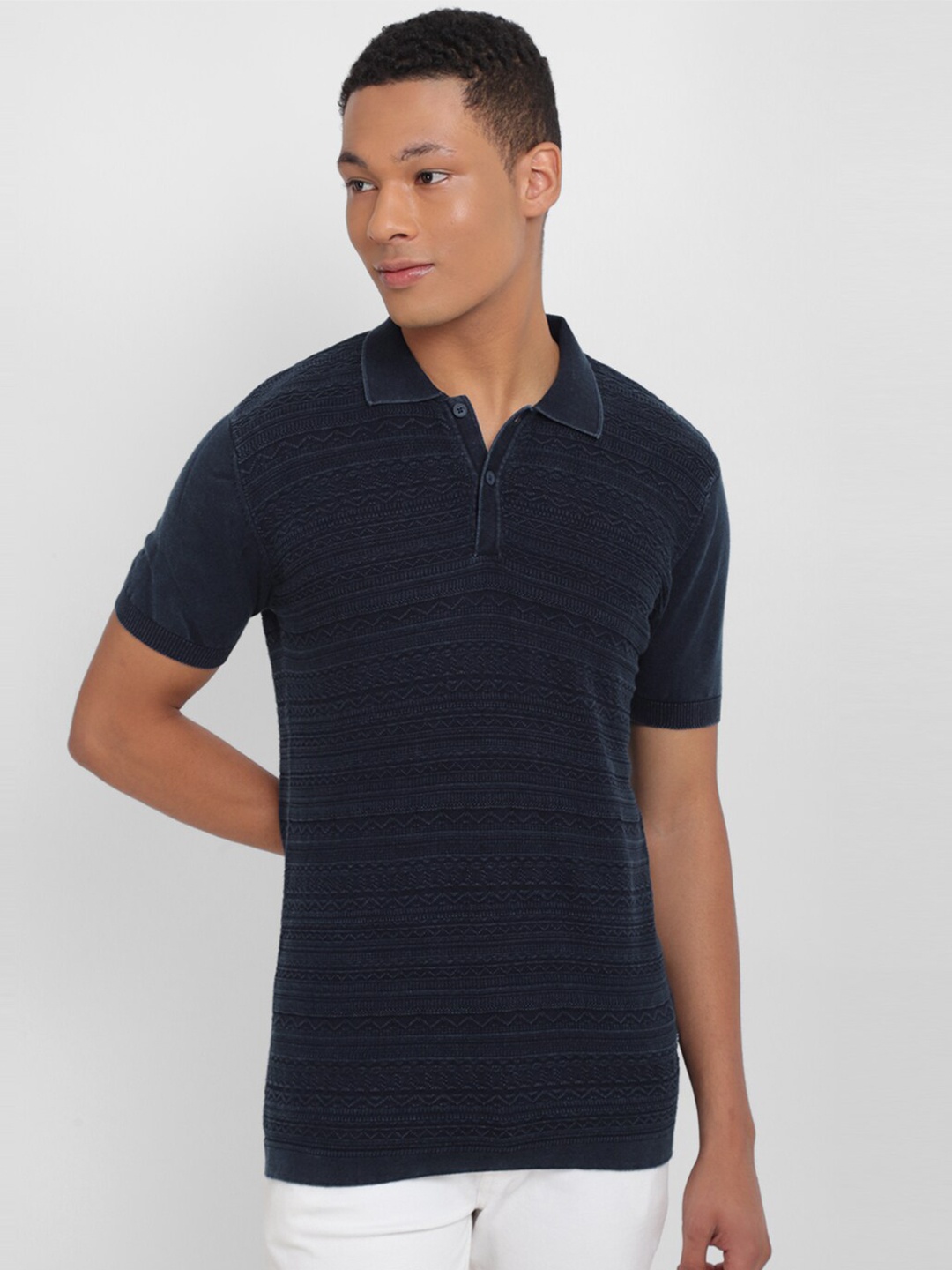 

Allen Solly Self Design Polo Collar Pure Cotton T-shirt, Navy blue