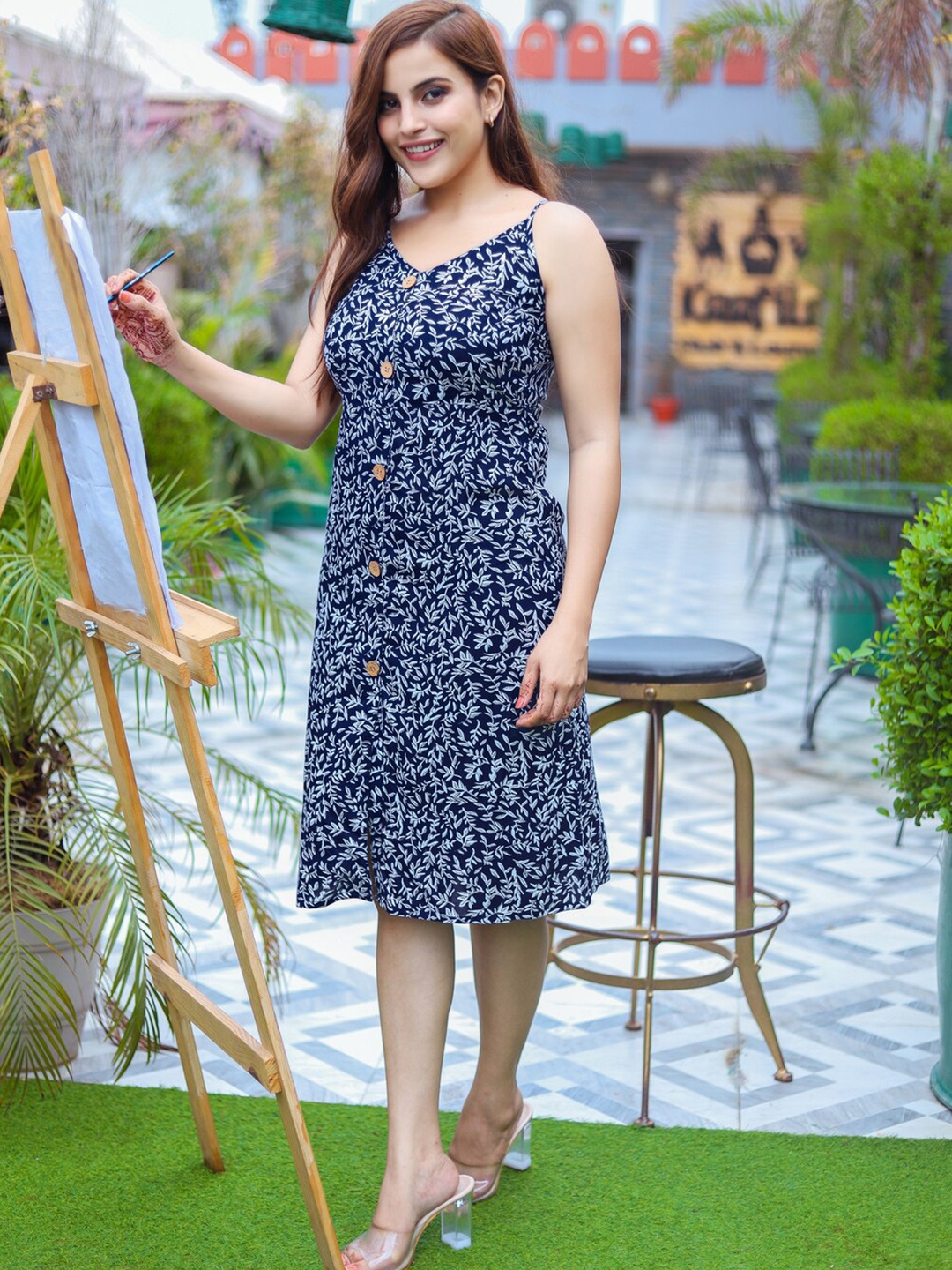 

AVYCO Floral Printed A-Line Dress, Blue