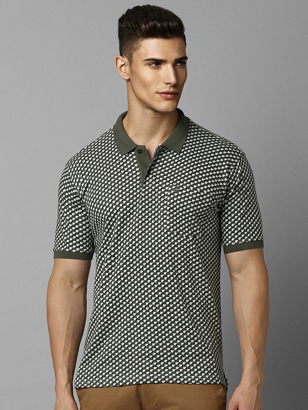 

Louis Philippe Geometric Printed Polo Collar Pure Cotton T-shirt, Green