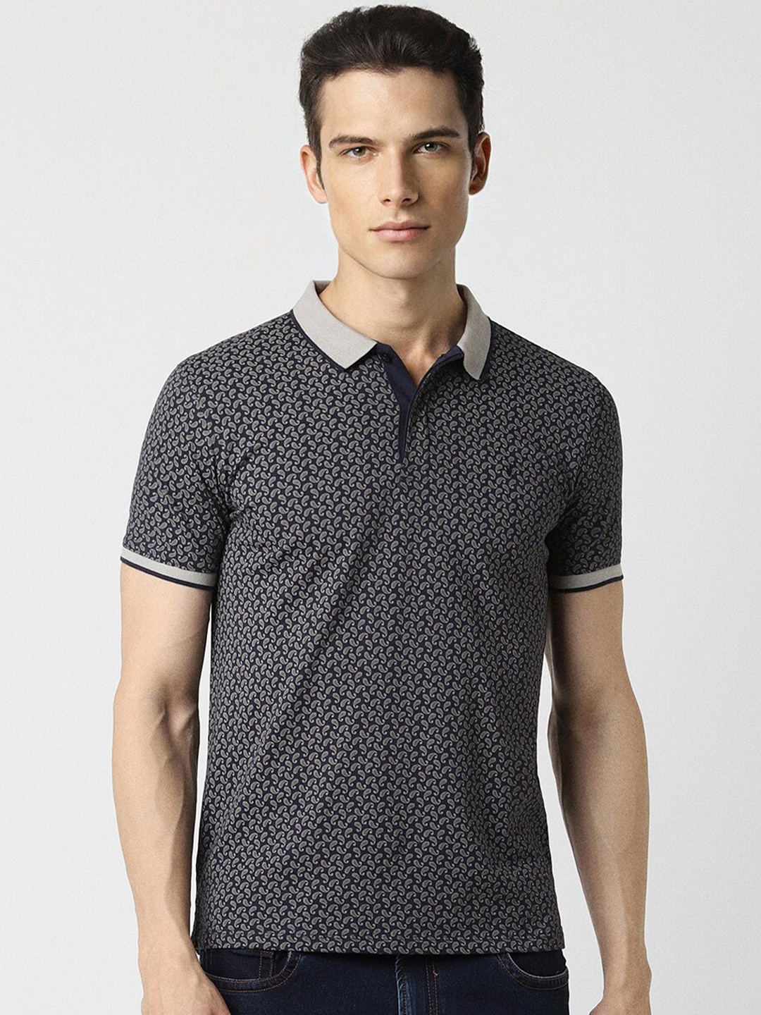 

V Dot Micro Ditsy Printed Polo Collar Slim Fit Pure Cotton T-shirt, Navy blue