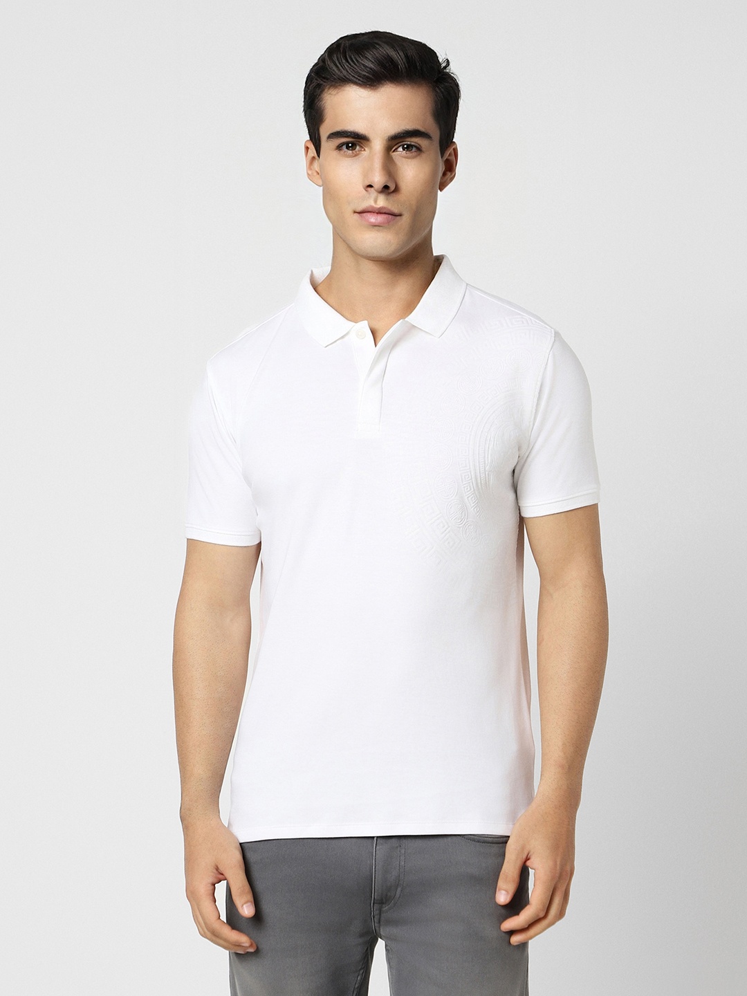 

V Dot Men White Polo Collar Slim Fit T-shirt