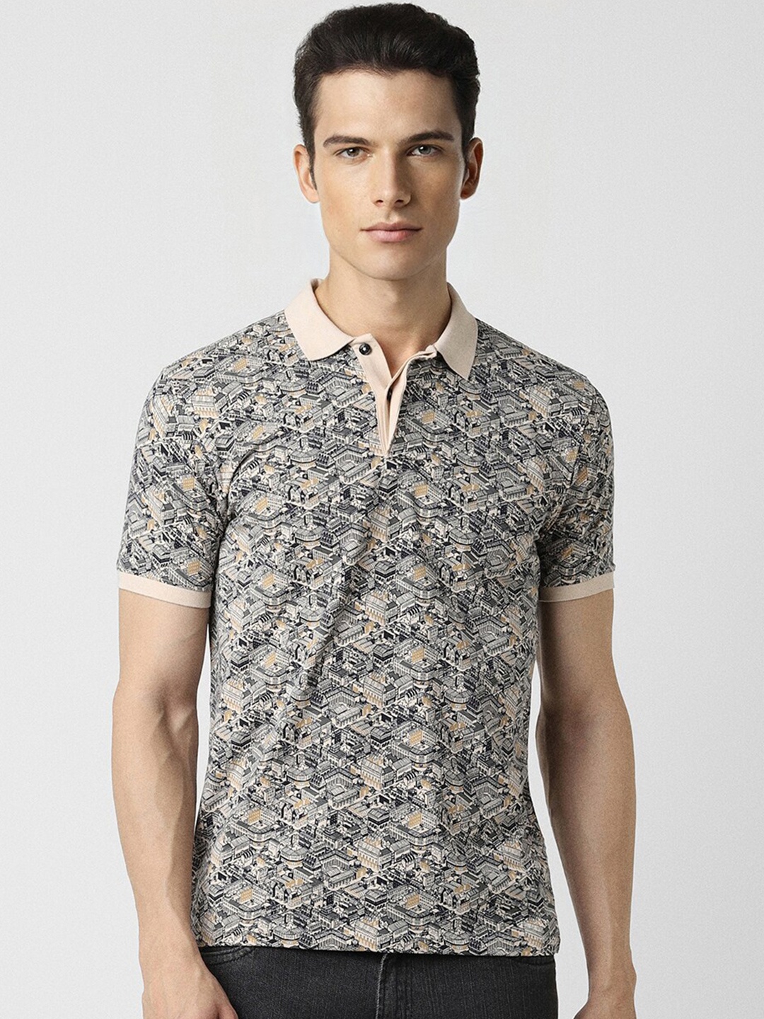 

V Dot Abstract Printed Polo Collar Slim Fit Pure Cotton T-shirt, Peach