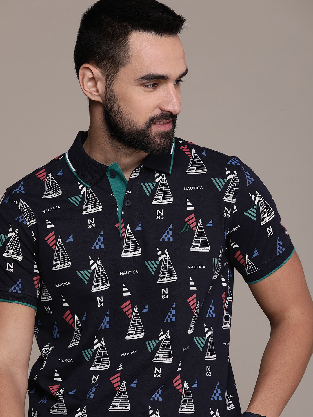 

Nautica Pure Cotton Conversational Printed Polo Collar T-shirt, Navy blue