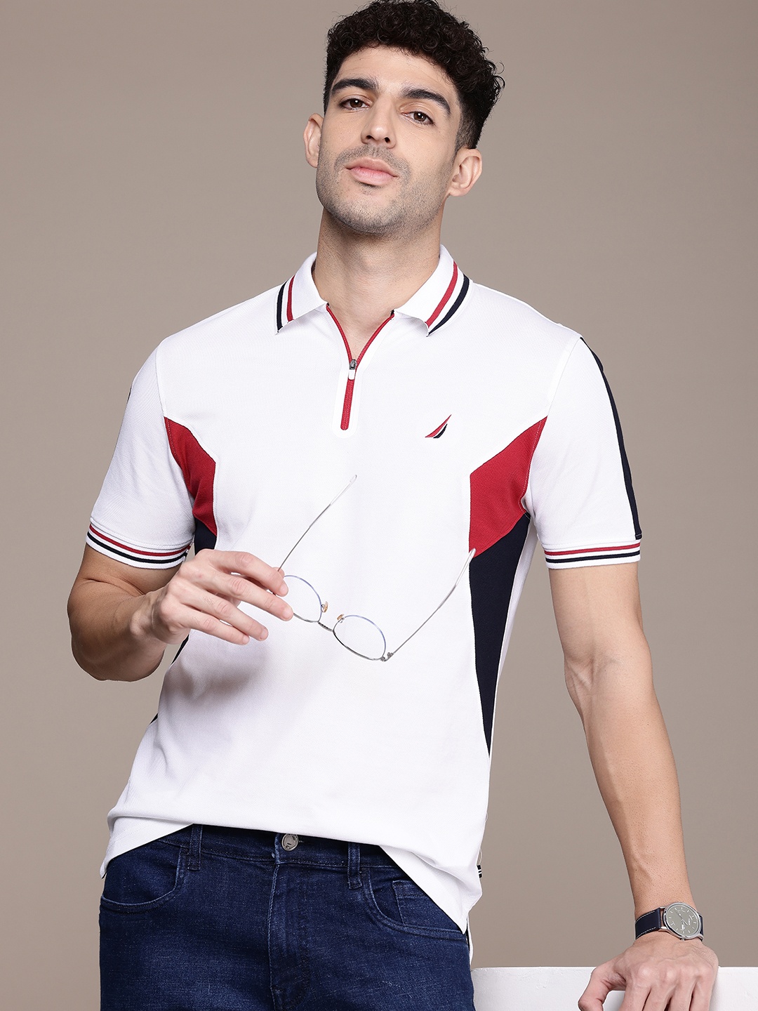

Nautica Colourblocked Polo Collar Pure Cotton Casual T-shirt, White