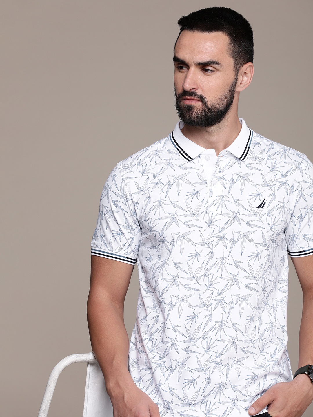 

Nautica Men Tropical Printed Polo Collar Pure Cotton T-shirt, White