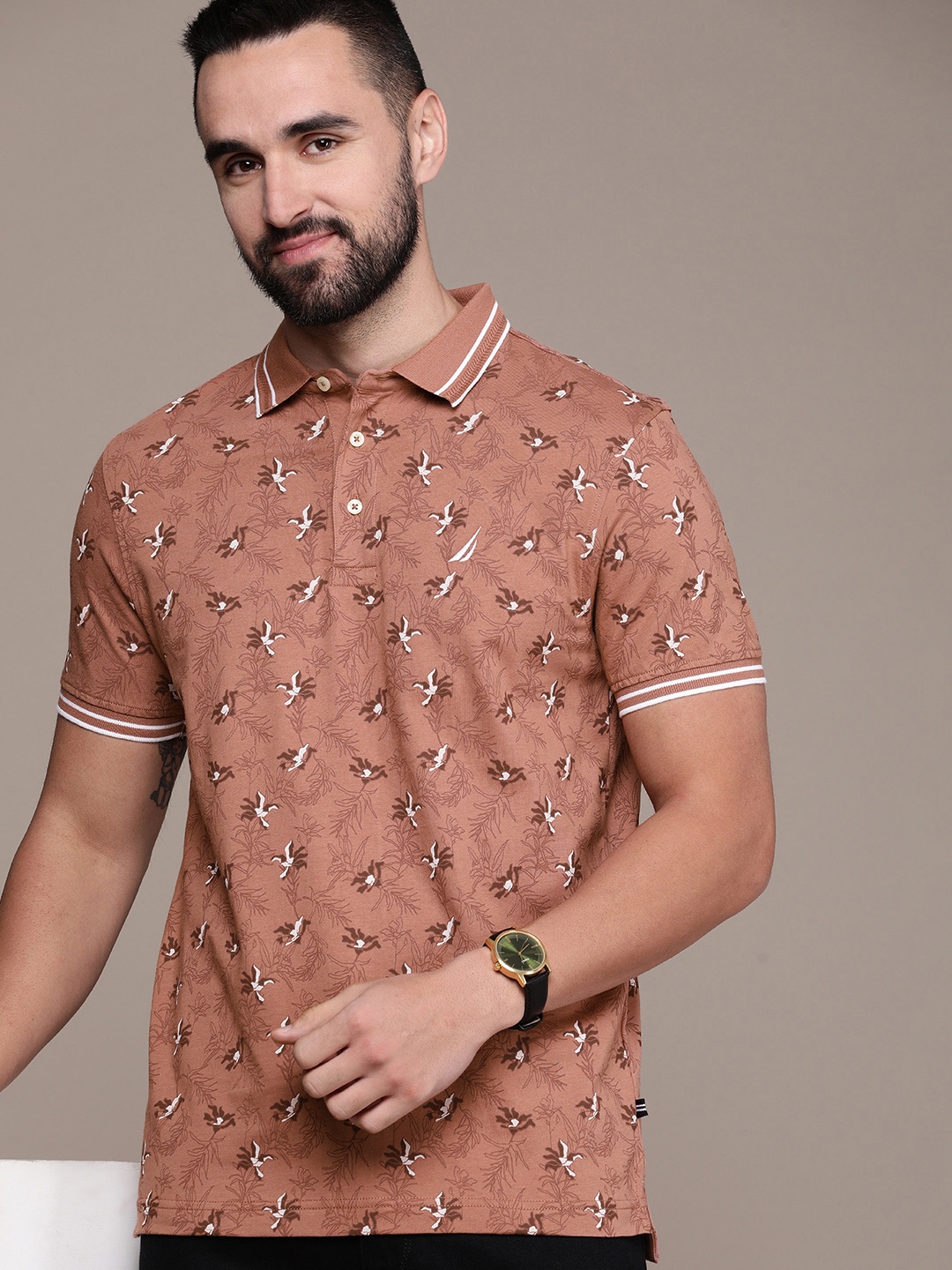 

Nautica Pure Cotton Floral Printed Polo Collar T-shirt, Brown