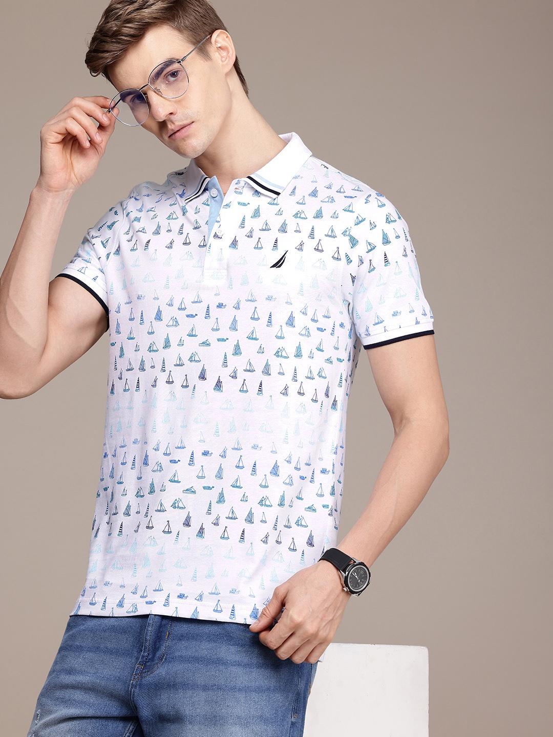 

Nautica Pure Cotton Polo Collar Conversational Printed T-shirt, White