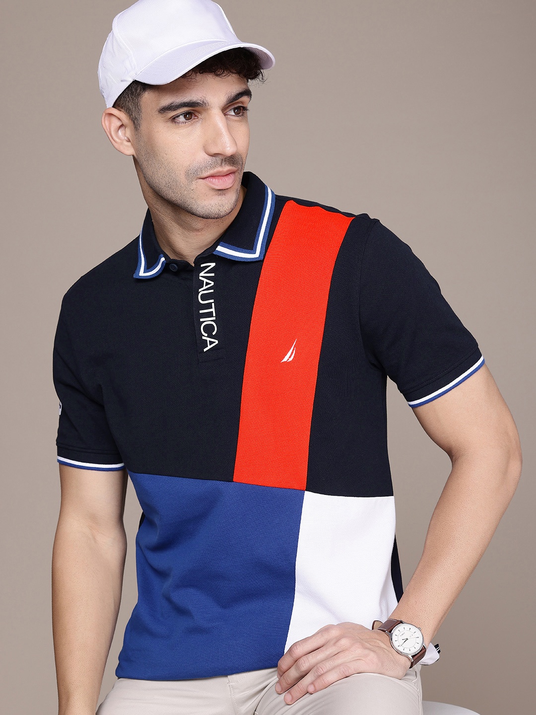 

Nautica Colourblocked Polo Collar Pure Cotton Casual T-shirt, Navy blue