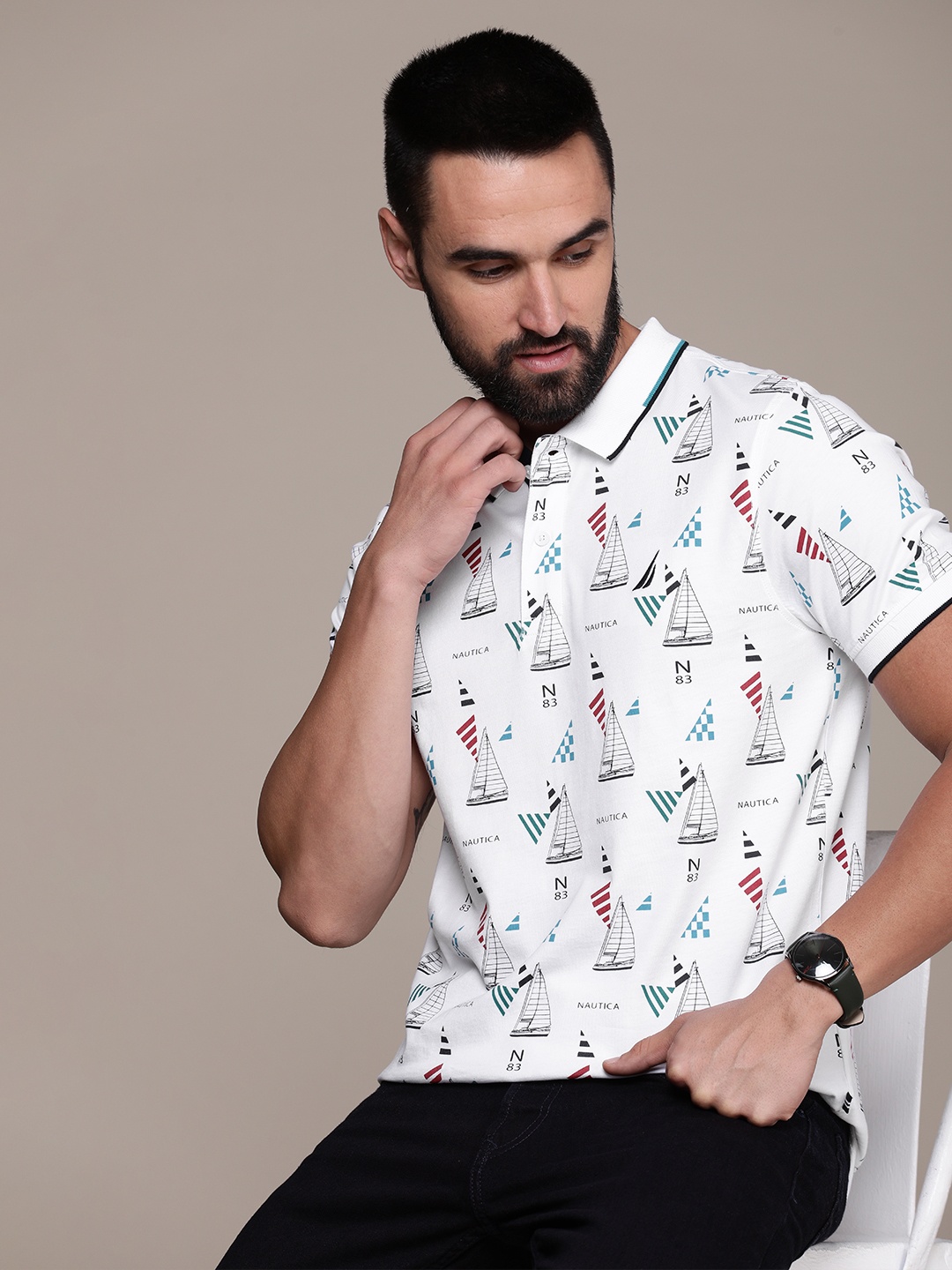 

Nautica Men Printed Polo Collar Pure Cotton T-shirt, White