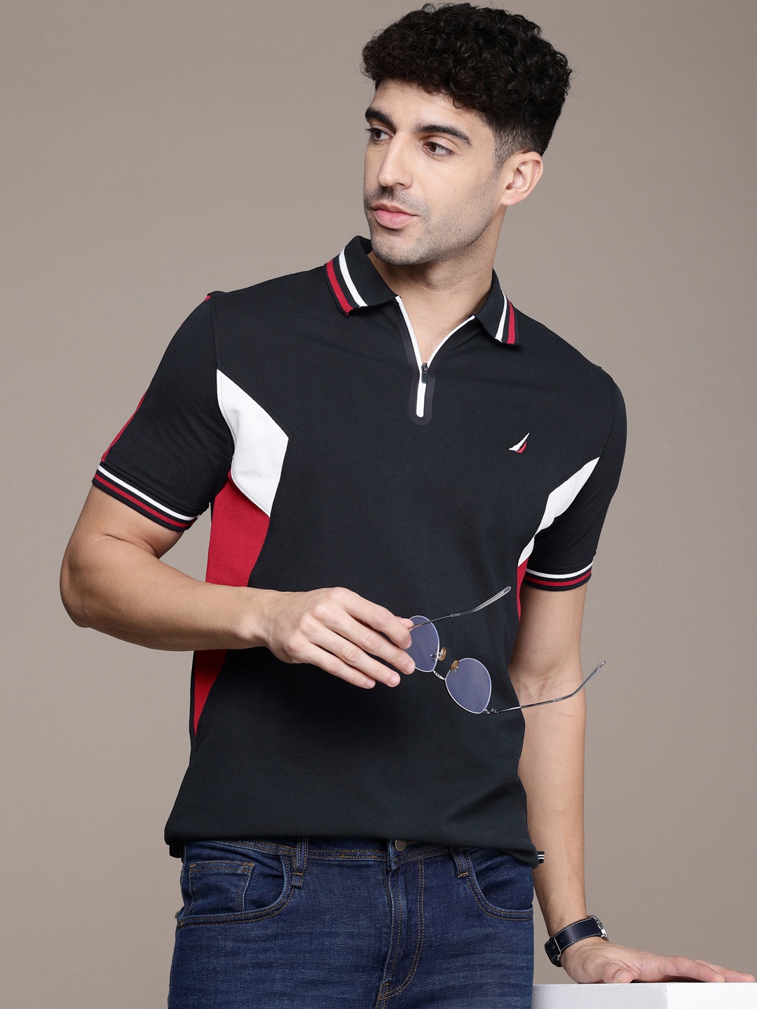 

Nautica Colourblocked Polo Collar Pure Cotton Casual T-shirt, Navy blue