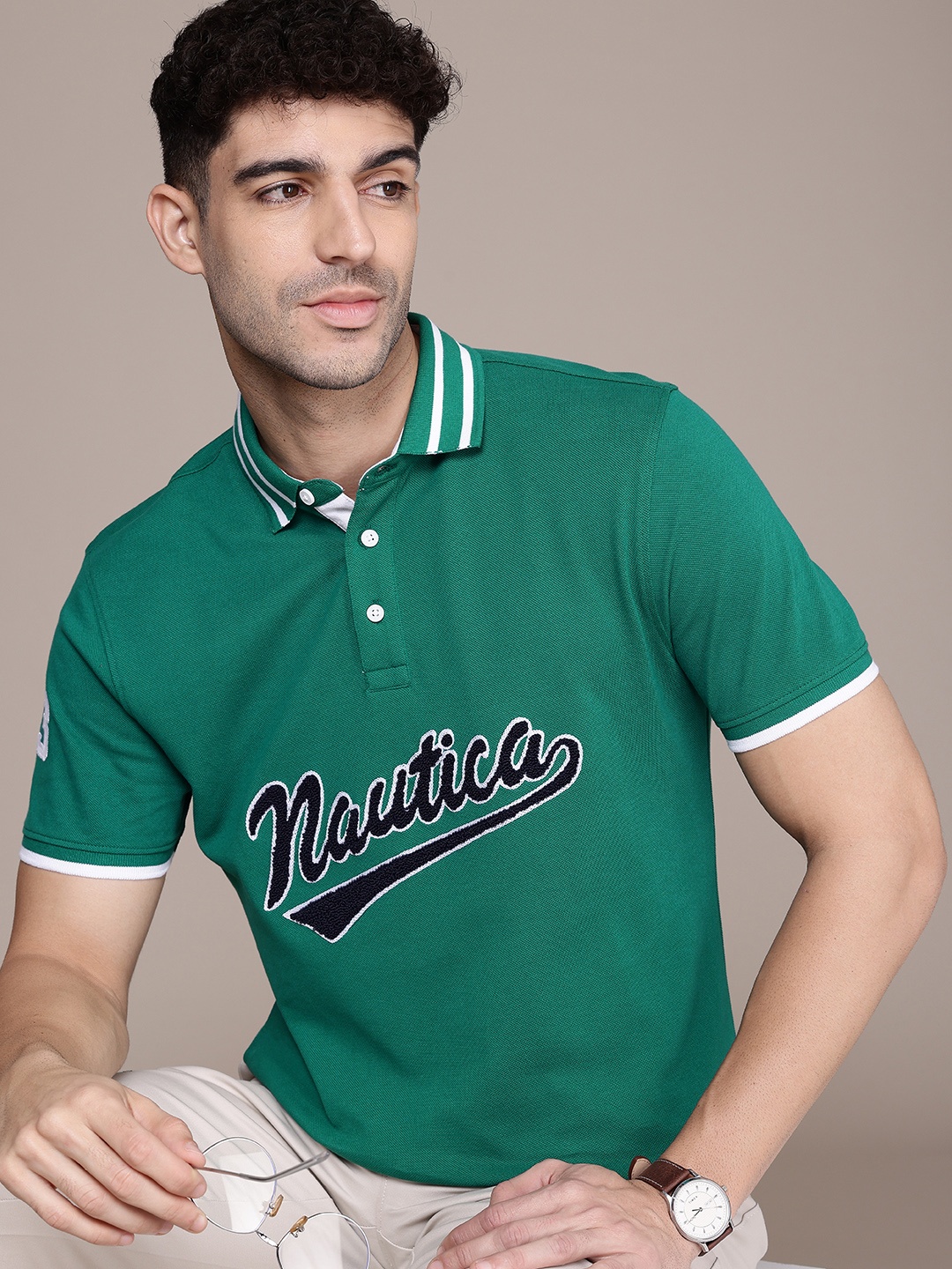 

Nautica Brand Logo Self Design Polo Collar Pure Cotton Casual T-shirt, Green