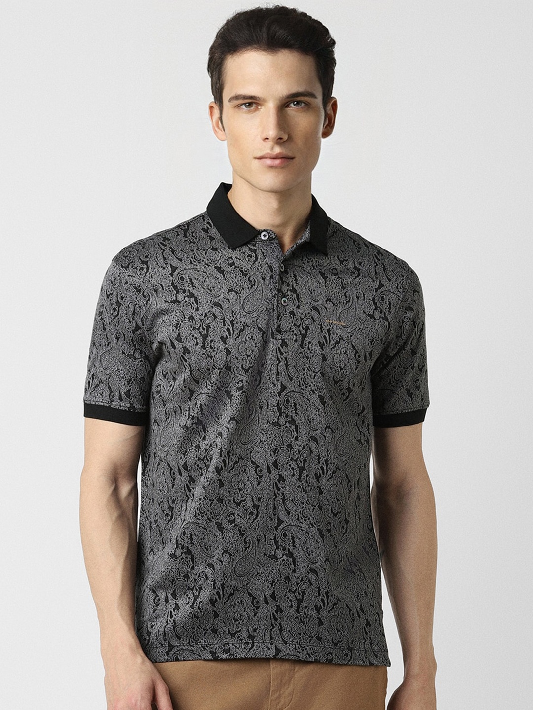 

Van Heusen Ethnic Motifs Printed Polo Collar Pure Cotton T-shirt, Black