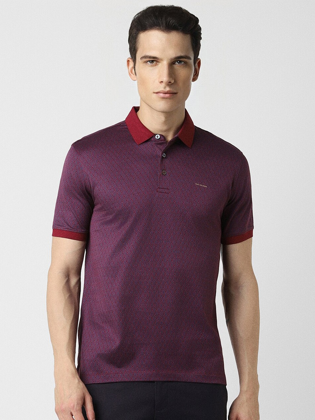 

Van Heusen Geometric Printed Polo Collar Pure Cotton T-shirt, Purple