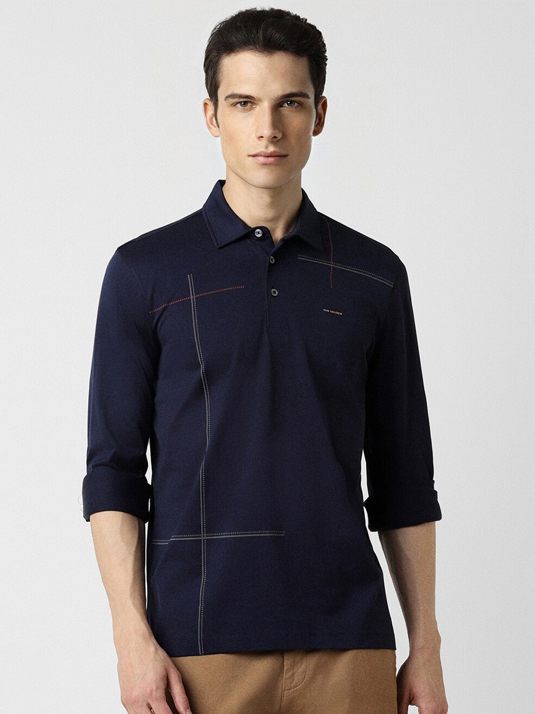 

Van Heusen Striped Polo Collar Cotton T-shirt, Navy blue